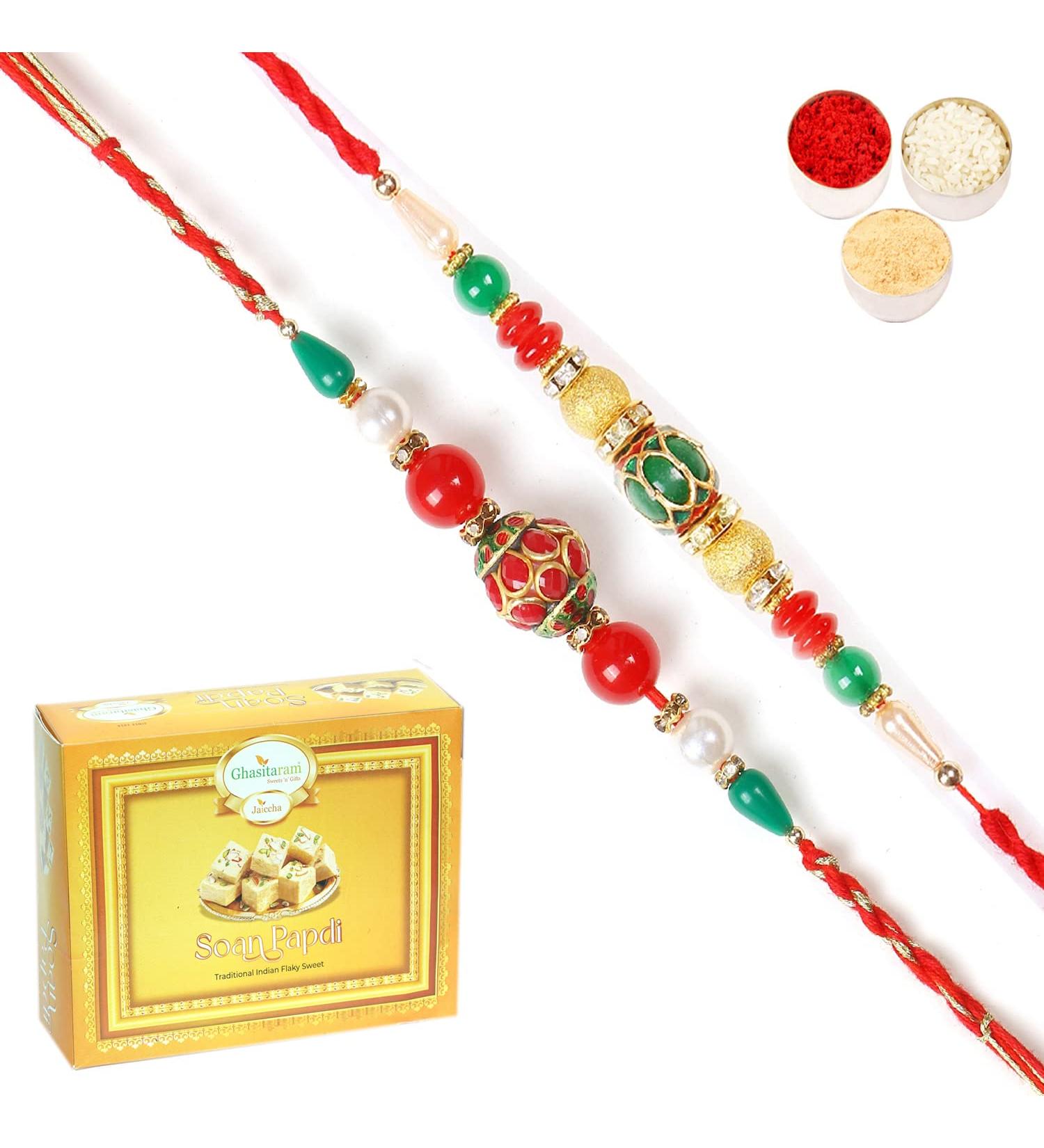 Ghasitaram Gifts Rakhi for Brother Rakhis Online - Set of 2 268 270 Fancy Rakhis with 400 GMS of Soan Papdi - Buy Online on GoSupps.com