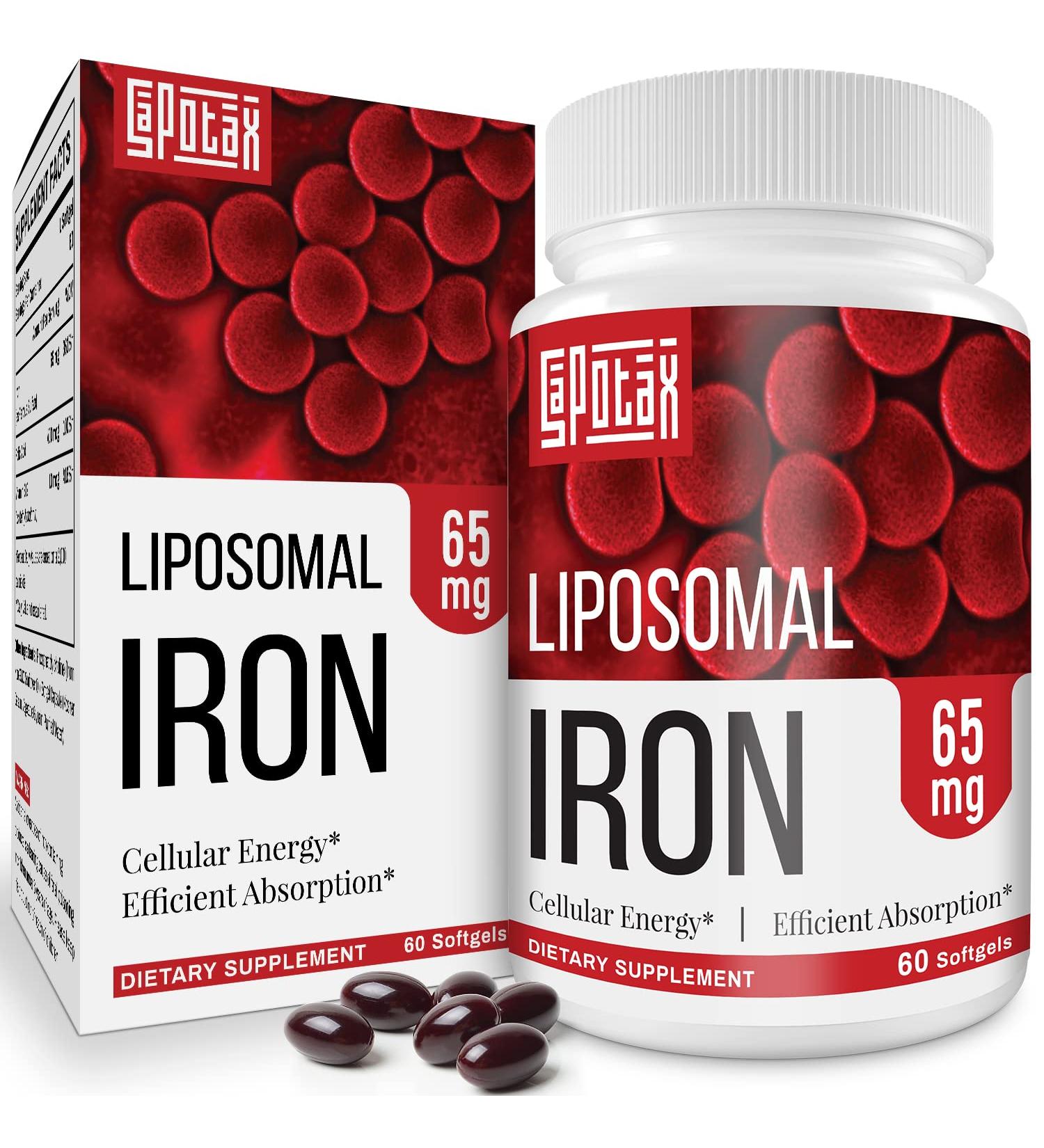 Liposomal Fe Iron Supplement 65mg with Folic Acid & Vitamin B12 | Red Blood Cell Production & Energy Support | 60 Softgels - Buy Online on GoSupps.com