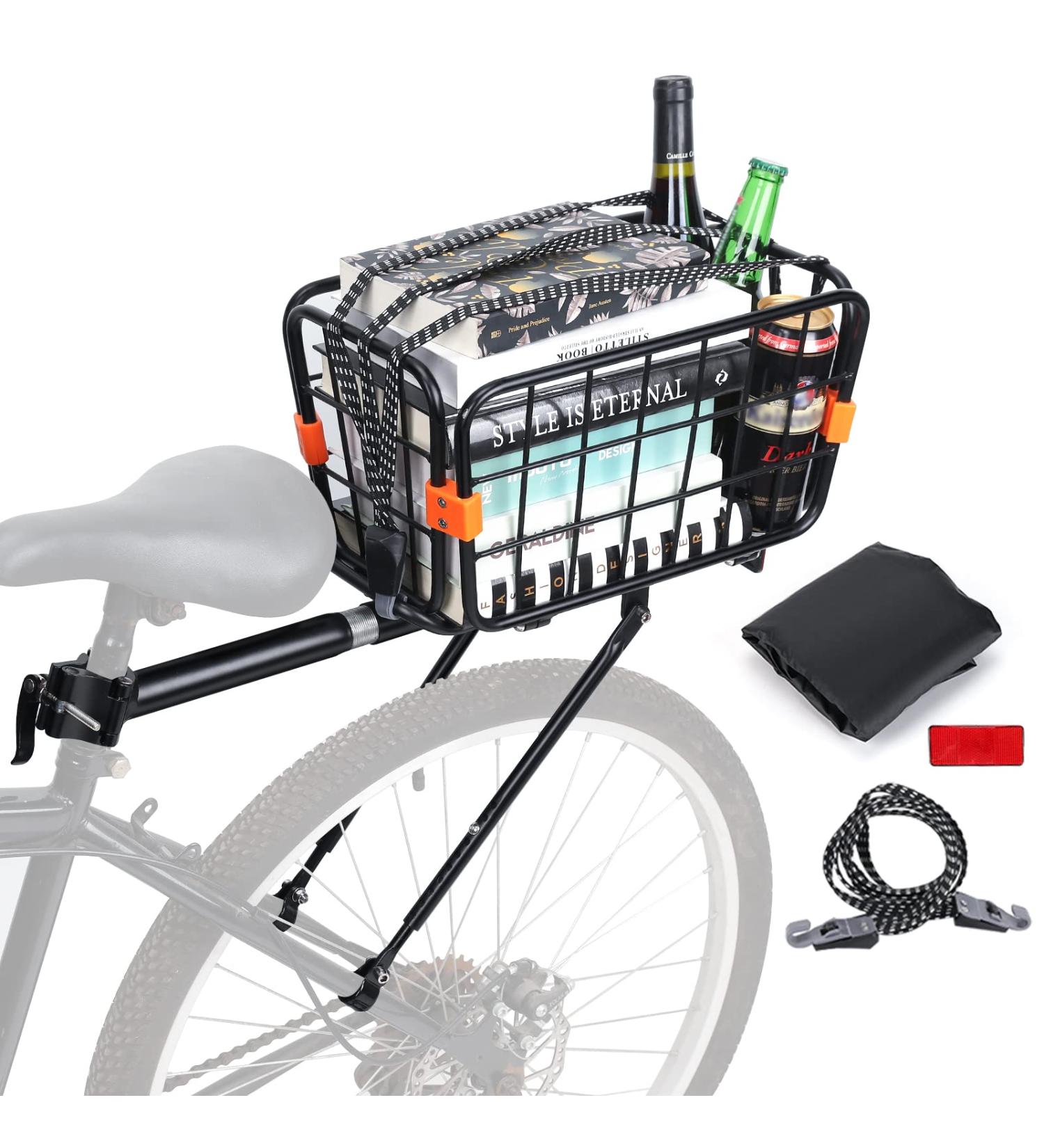 Universal Bike Rear Rack - 165 LB Capacity Aluminum Alloy with Free Bungee Cord & Waterproof Cover - Quick Release Adjustable MTB Bike Basket - Buy Online on GoSupps.com