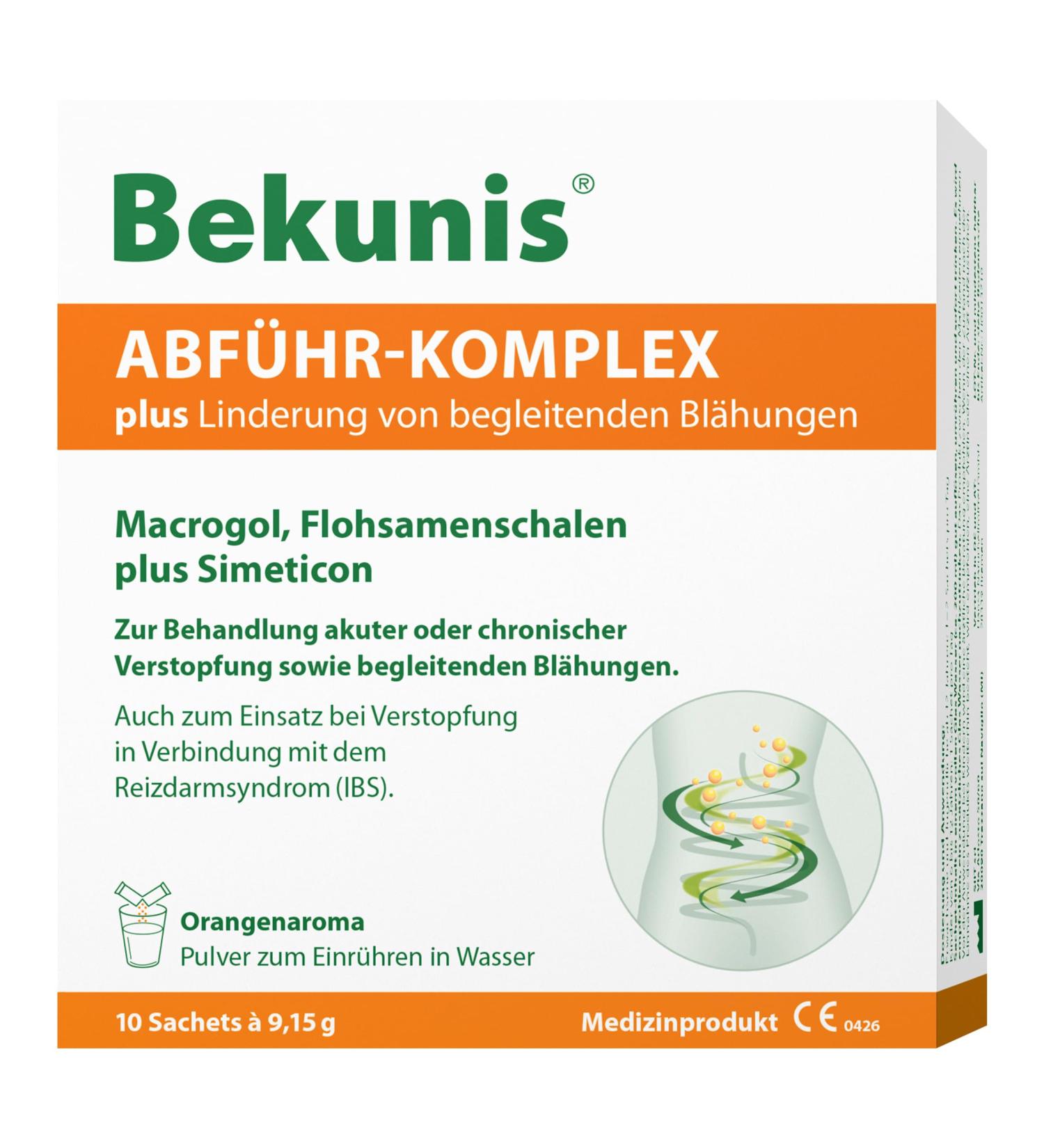 Hansa Naturheilmittel Bekunis Abf hrKomplex plus Macrogol + Flohsamenschappen + Simethicone For constipation with associated flatulence and bloating 10 sachets to mix with water Orange Medical - Buy Online on GoSupps.com