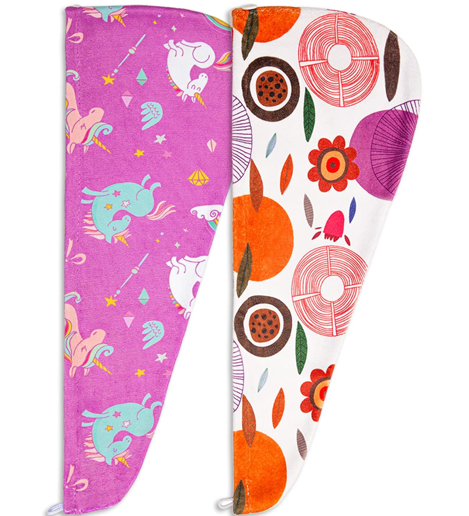 2-Pack Unicorn Hair Towel Set | Quick Dry Microfiber Hair Drying Towels for Kids, Girls, Women | Turban Hair Wrap | Unicorn/Floral Design - Buy Online on GoSupps.com