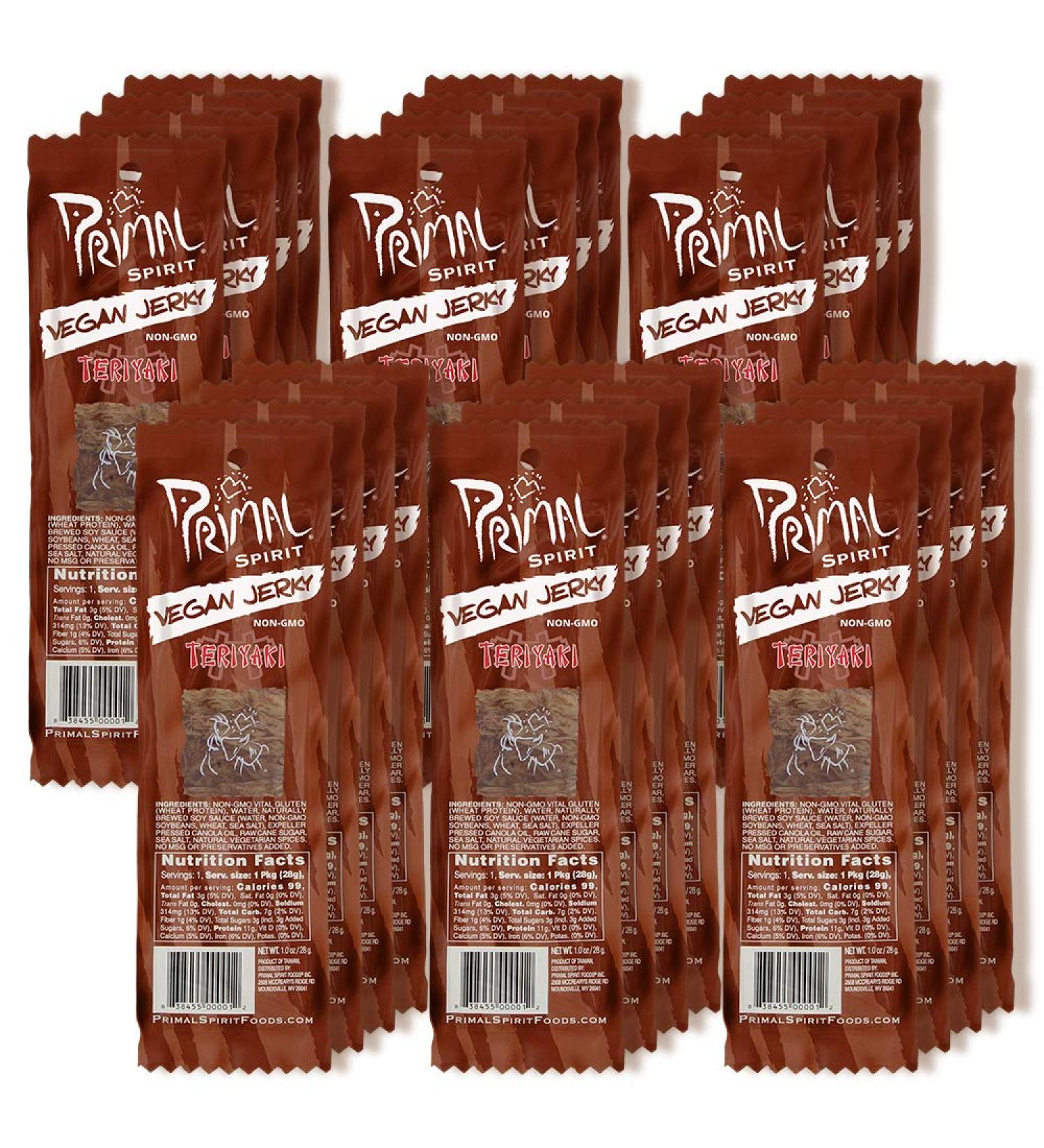 Primal Spirit Vegan Jerky - Classic Teriyaki Flavor, 10g Plant-Based Protein, Non-GMO, 24 Pack - Buy Online on GoSupps.com
