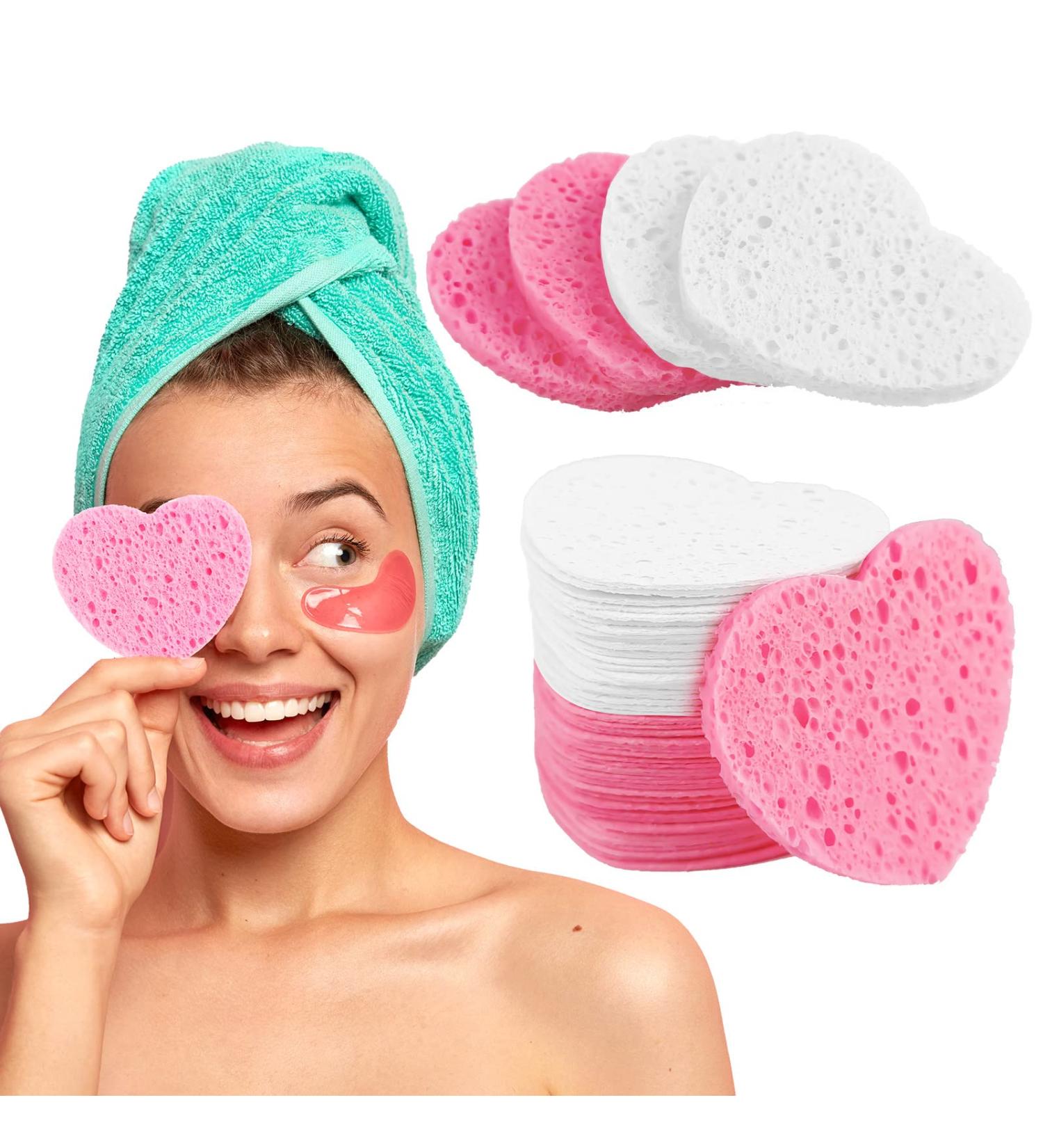 60 Heart-Shaped Compressed Facial Sponges for Beauticians | Pink & White Washing & Peeling Sponges | Perfect for Deep Cleaning & Skin Care - Buy Online on GoSupps.com