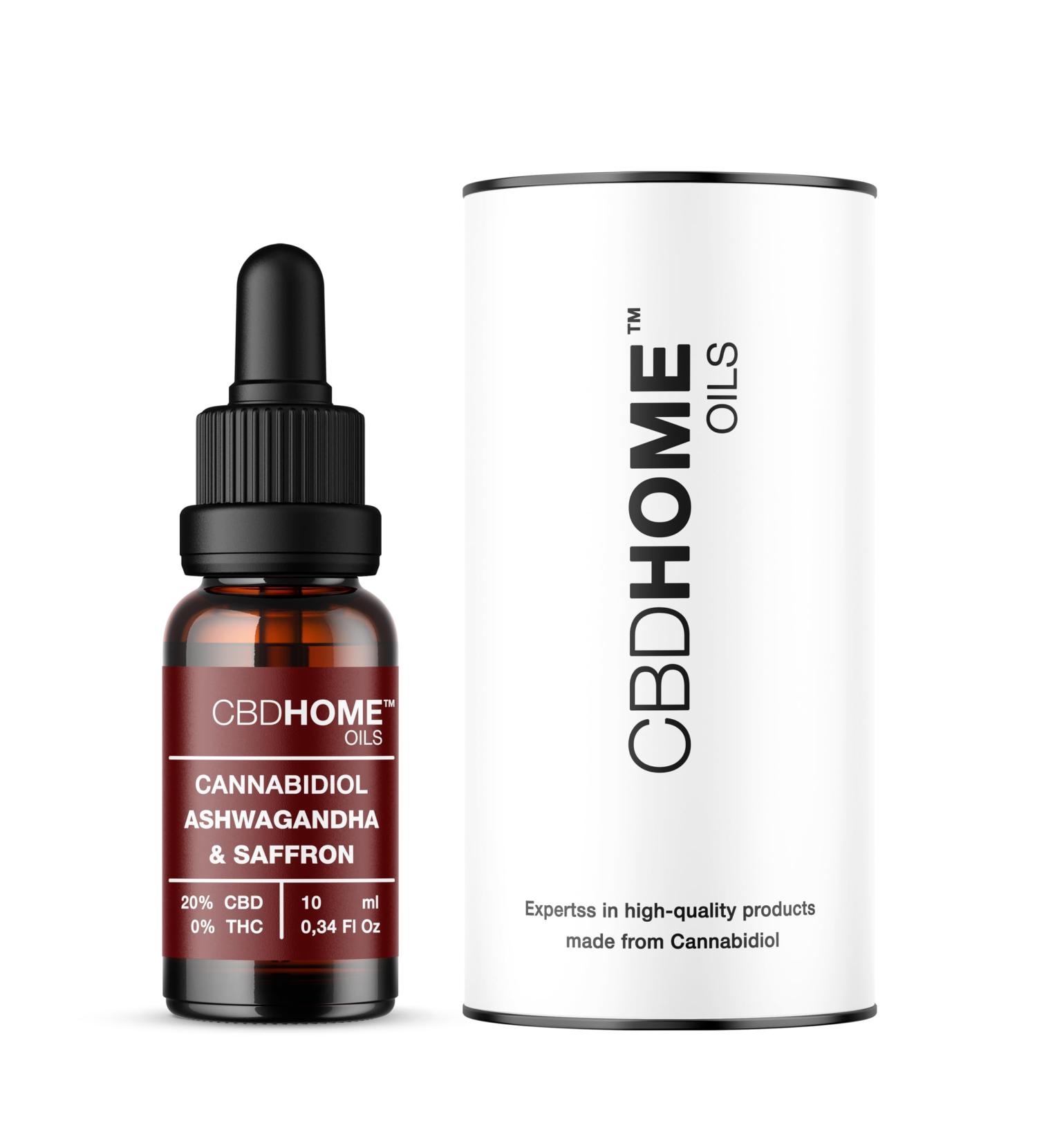  CBD HOME CBD HOME Oils - 10% CBD Oil + Ashwagandha and Saffron - 10 ml - Coconut oil base (TCM) and organic hemp seed oil - Omega 3-6-9 - Certified Cannabidiol 1 000 mg - Made in the EU. - Buy Online on GoSupps.com