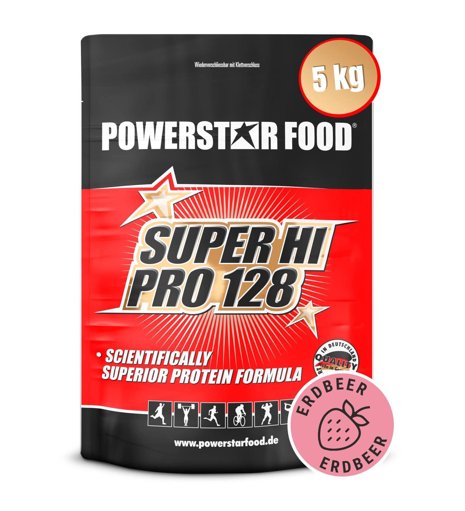 Powerstar Super Hi Pro 128 - 5kg Strawberry Multi-Component Protein Powder | 79% Protein for Muscle Building | High Biological Value Protein Shake - Buy Online on GoSupps.com
