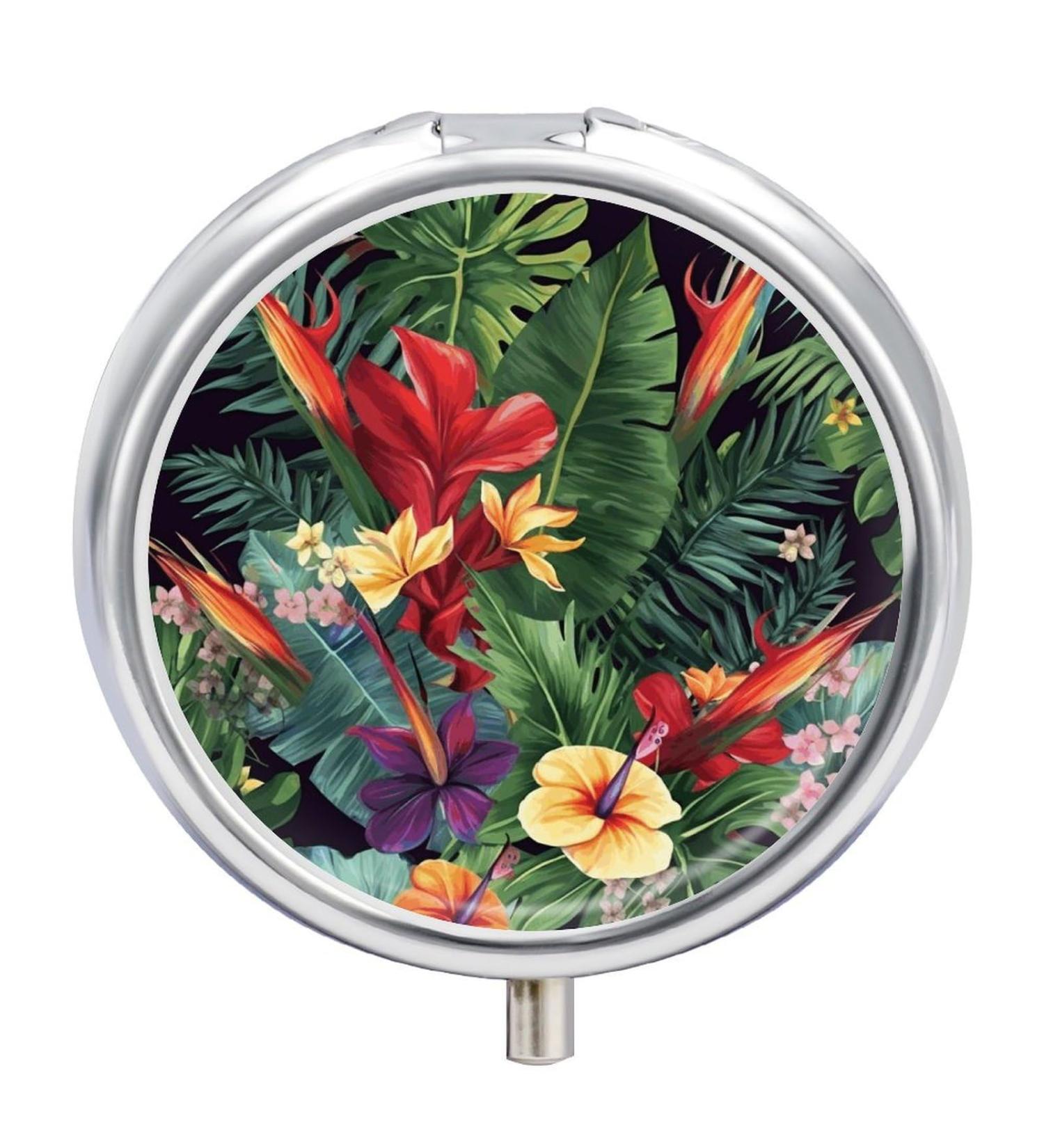 Round Pill Box with Tropical Plant Flowers Print | 3 Compartment Decorative Metal Pill Organizer | Portable Pocket Case | Style-38 - Buy Online on GoSupps.com