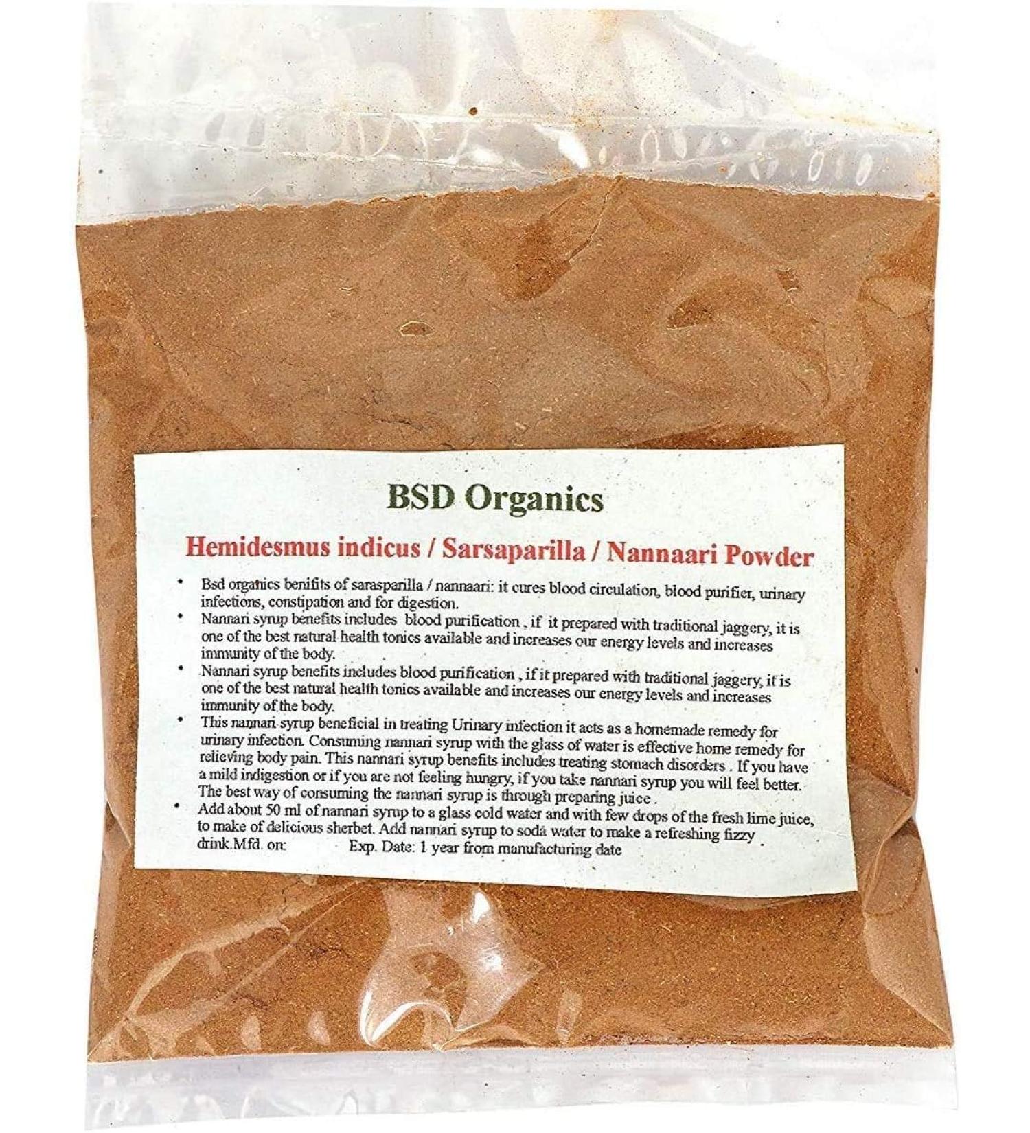 BSD Organics Nannari/Anantamul/Sarsaparilla Root Powder - 100 Gm / 3.5 Oz
