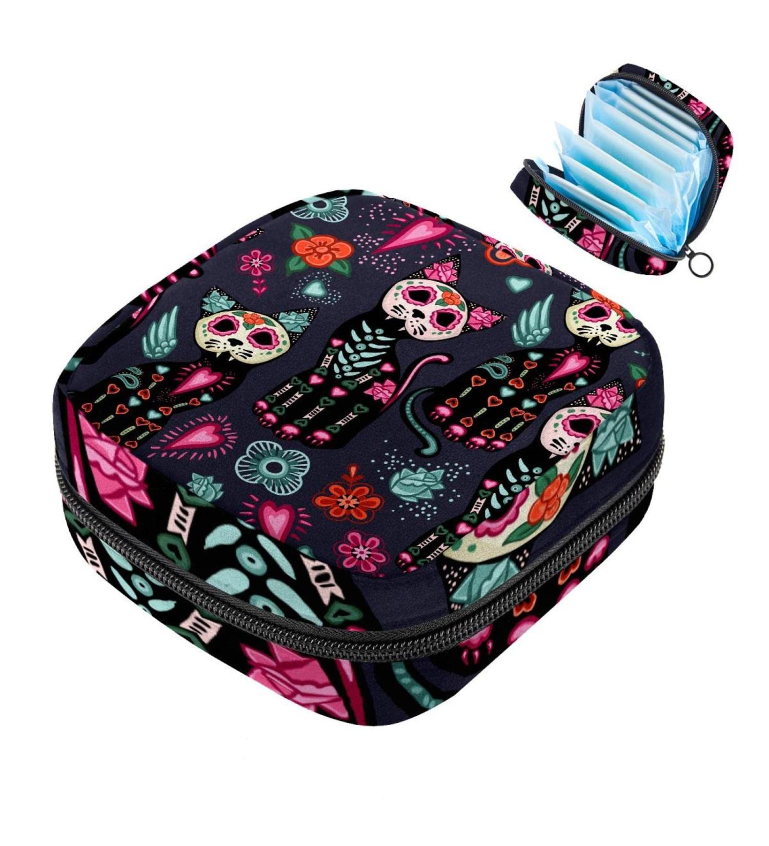 Buy Sugar Skull Cat Flower Pattern Period Bag | Portable Sanitary Napkin Storage for Women & Teens - Buy Online on GoSupps.com