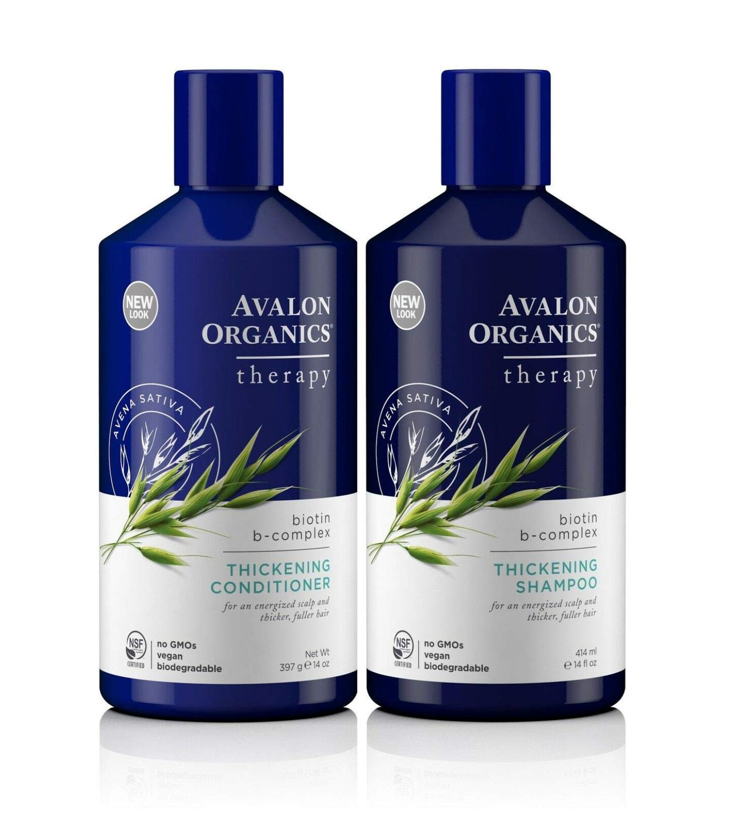 Avalon Organics All Natural Biotin B-Complex Therapy Thickening Shampoo and Conditioner For Hair Loss and Thinning Hair 14 Fl Oz (Pack of 2)