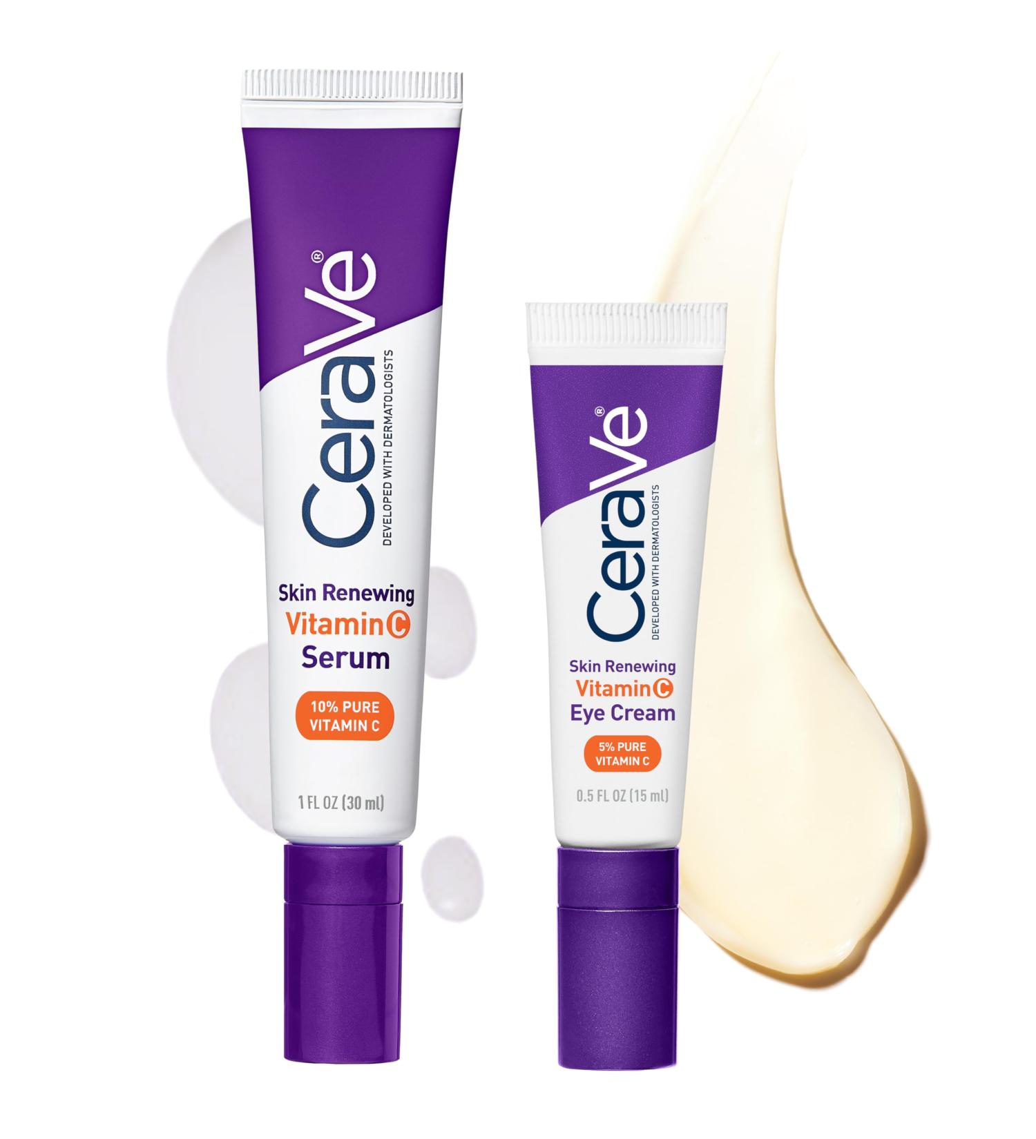CeraVe Vitamin C Serum & Vitamin C Eye Cream Skin Care Set | Skin Brightening Serum with Hyaluronic Acid for Face & Under Eye Cream with Caffeine for Dark Circles and Puffiness Serum + Eye cream - Buy Online on GoSupps.com