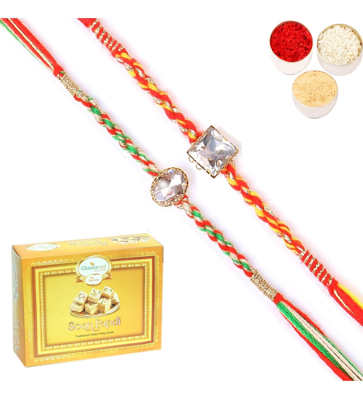 Ghasitaram Gifts Rakhi for Brother Rakhis Online - Set of 2 6300 6371 Fancy Rakhis with 400 GMS of Soan Papdi - Buy Online on GoSupps.com