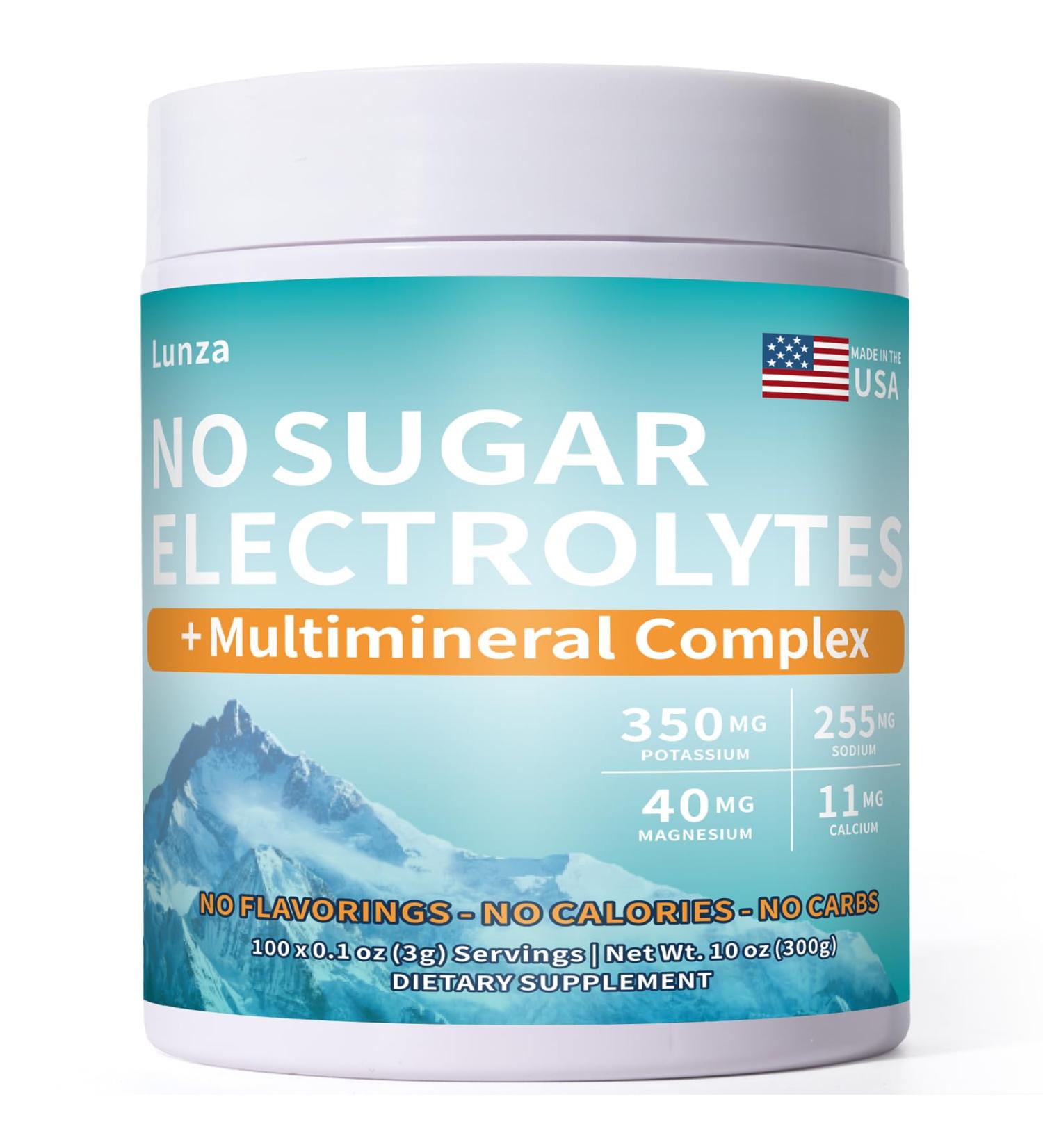 Lunza Electrolyte Powder No Sugar - No Additives 0 Calories - Potassium Sodium & Pink Salt - Keto & Vegan Friendly - Mix with Coffee Soup Smoothies - Hydration & Endurance - 300 Servings - Buy Online on GoSupps.com