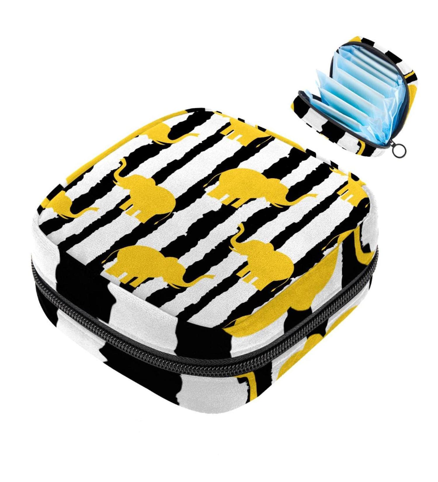 Stylish Women's Napkin Storage Pocket - Yellow Elephants & Black Stripes - Portable Menstrual Cup & Bandage Bags for First Period - Buy Online on GoSupps.com