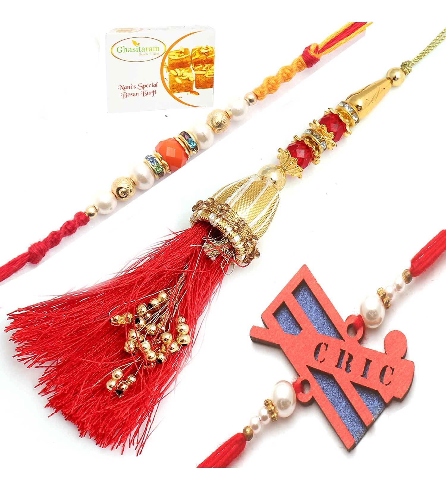 Ghasitaram Gifts Rakhi for Brother Rakhis Online - Set of 3 Ibiza Bhaiya Bhabhi Rakhi and Cricketer Kids Rakhi with 200 GMS of Besan Barfi