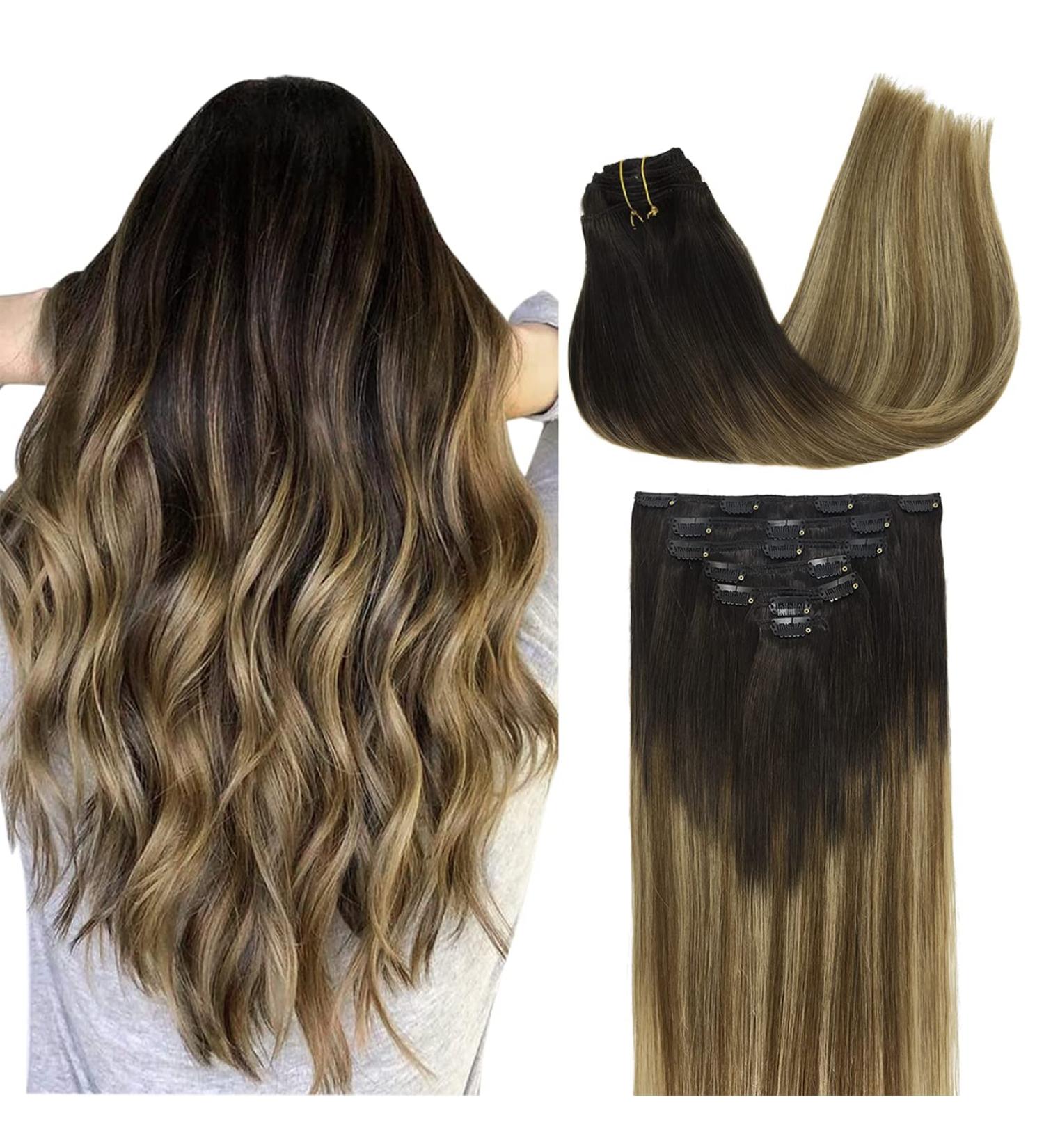 Doores Real Hair Extensions Clip-In - 22 Inch Dark Brown to Chestnut Brown & Dirty Blonde Highlights 120g Remy Human Hair - 7 Pieces 55cm - Buy Online on GoSupps.com