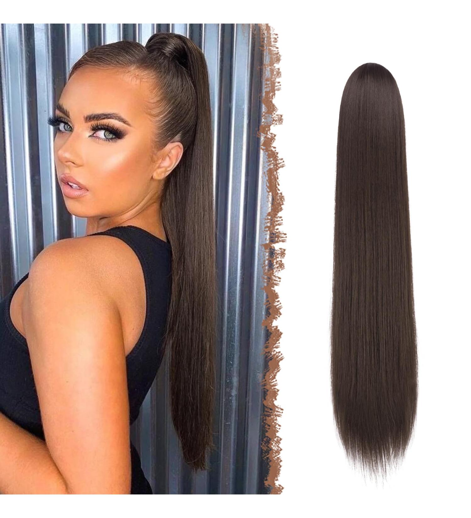 Fine Horseplay Extensions - 60 cm Long Straight Braid Synthetic Drawstring Ponytail Hair Extensions for Women - Brown - Buy Online on GoSupps.com