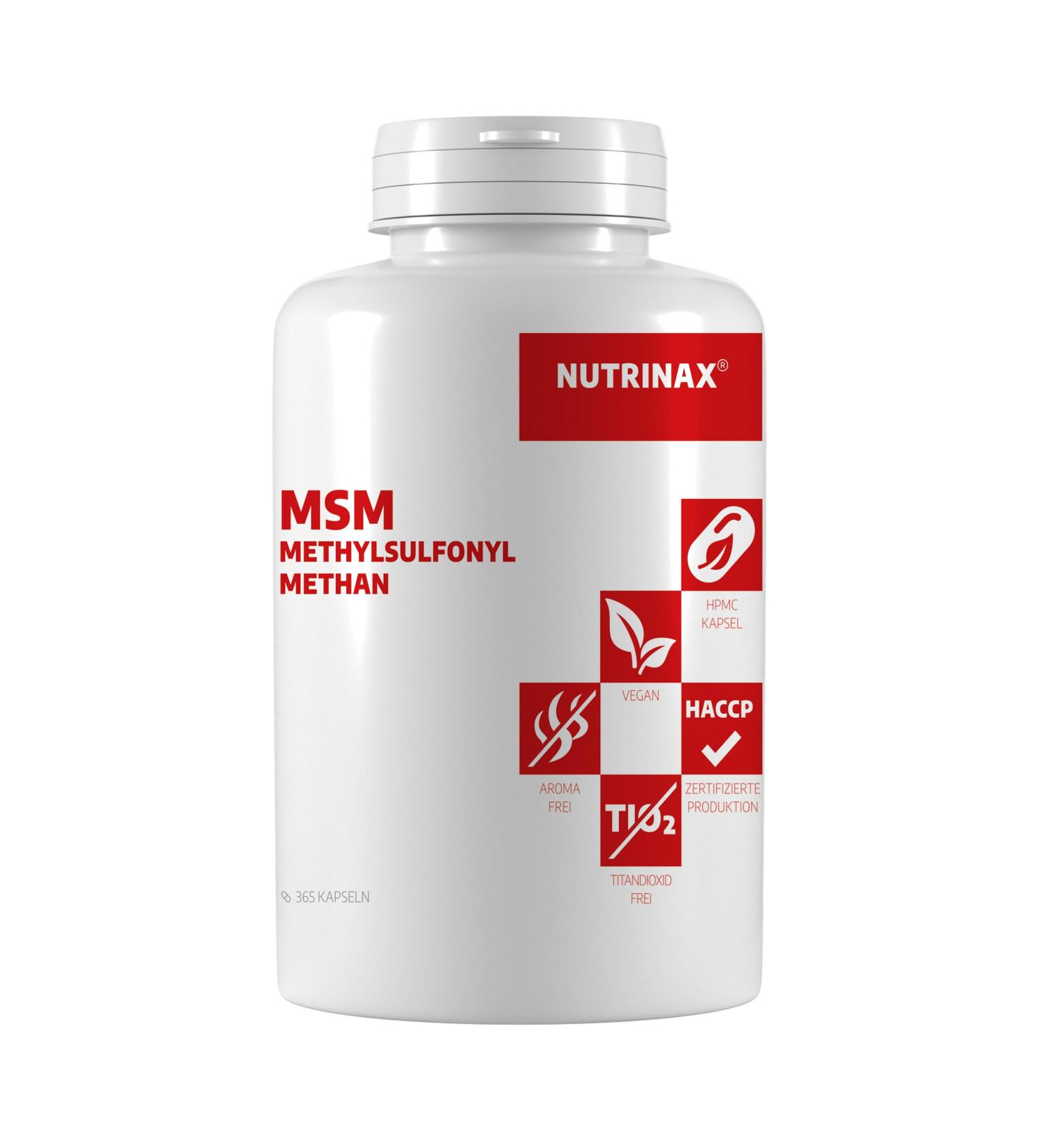 Nutrinax MSM 365 Vegan Capsules 800mg | High Dose 1600mg Methylsulfonylmethane | No Additives | Pure & Effective Vegan Supplement - Buy Online on GoSupps.com