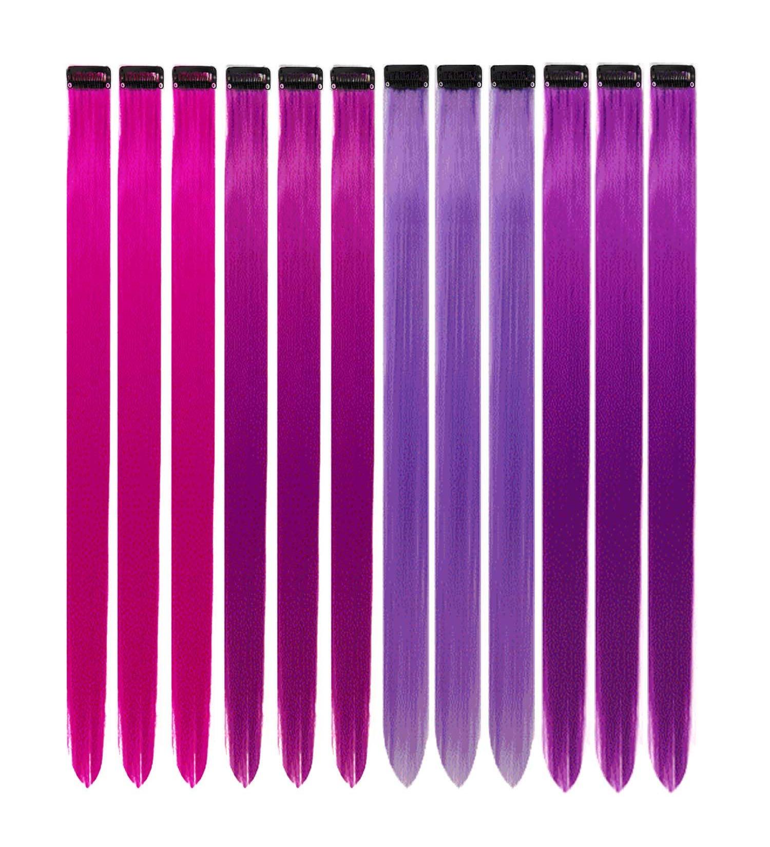 12 Pcs Colored Hair Extensions Colorful Clip in Hair Extensions 22 inch Synthetic Straight Hair Extensions for Kids Girls Women Dark purple - Buy Online on GoSupps.com