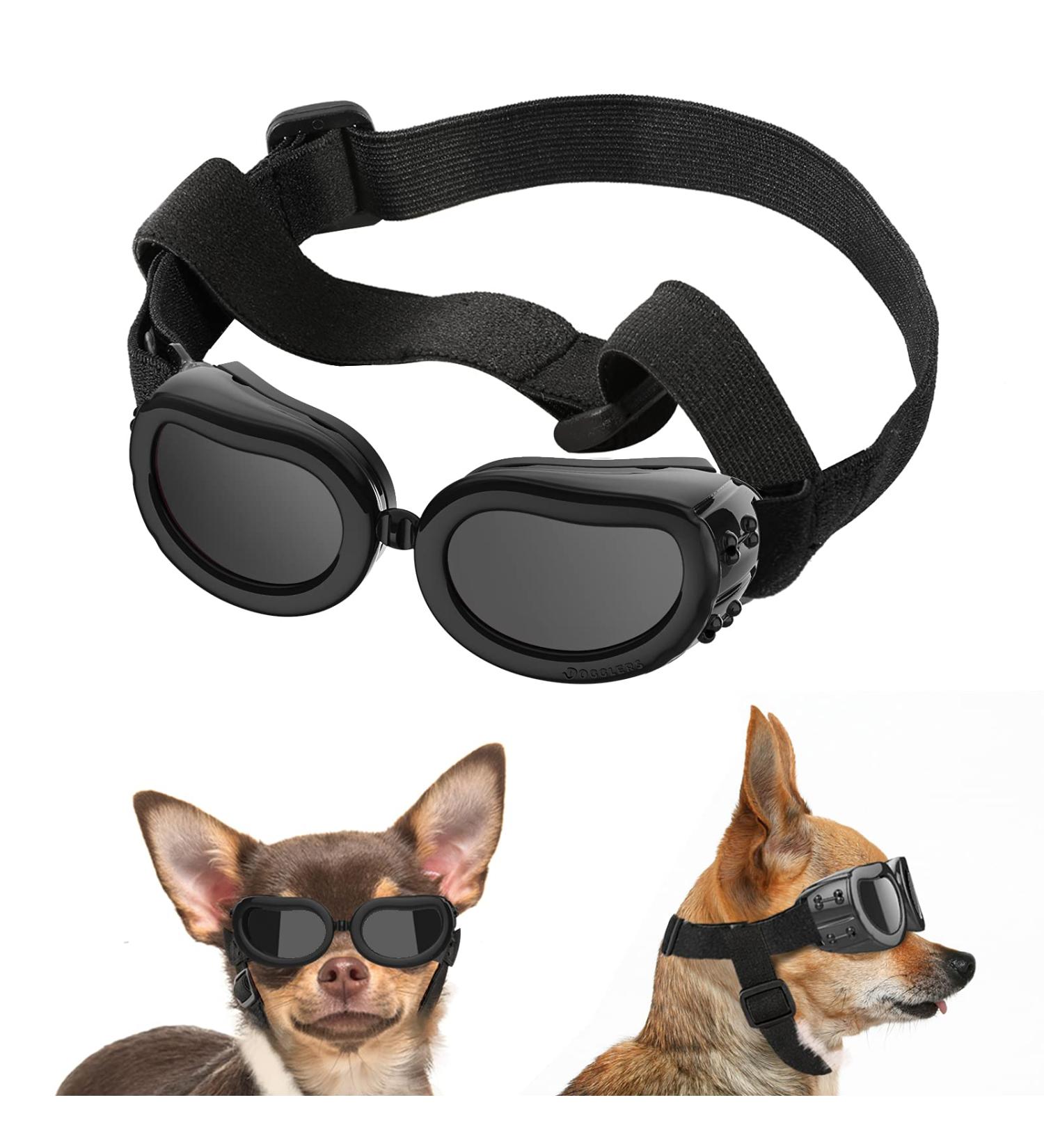 Lewondr Small Dog Sunglasses - UV Protection Goggles for Eye Wear, Adjustable Strap, Windproof Anti-Fog Doggy Glasses in Black - Buy Online on GoSupps.com