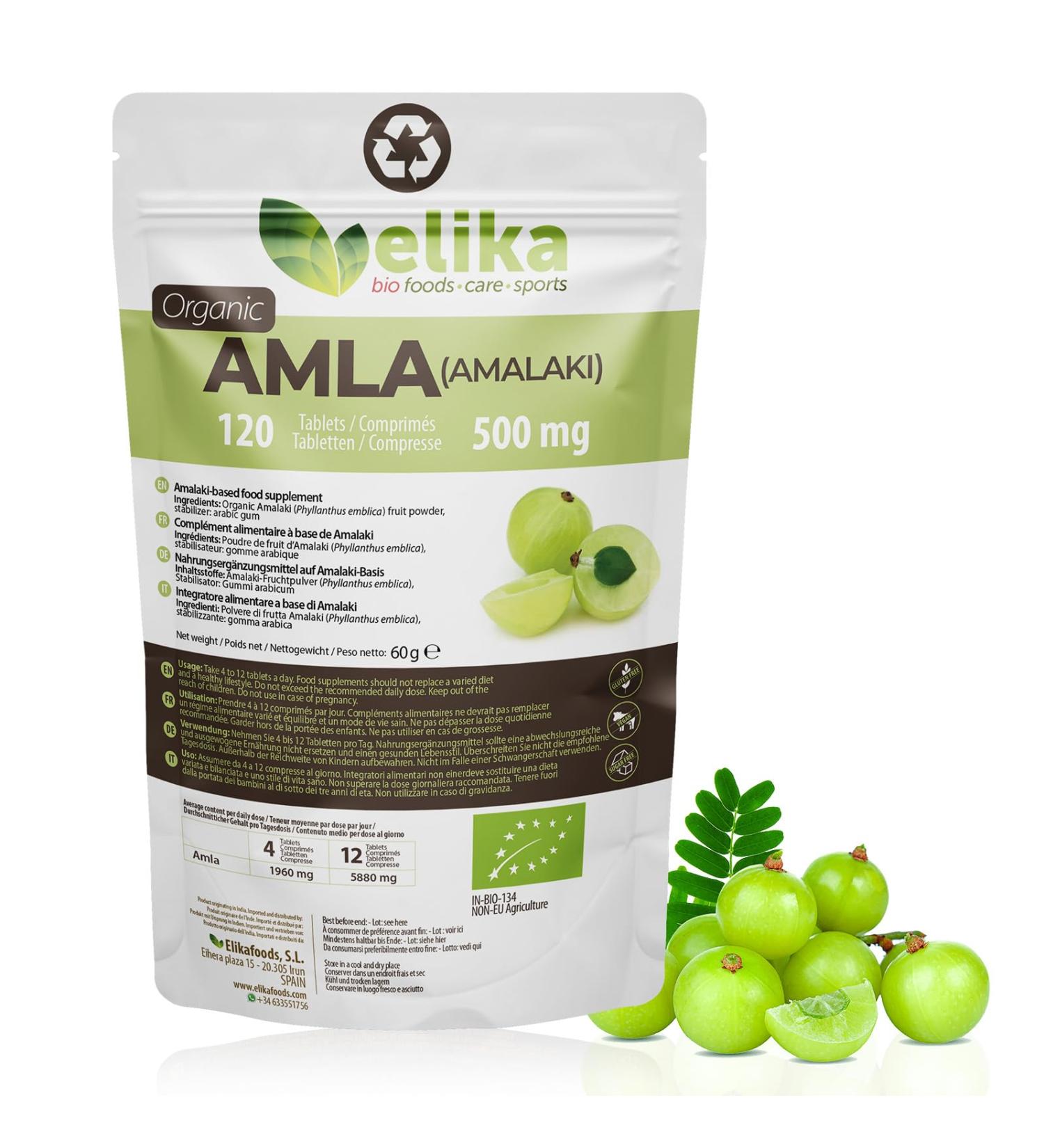 ORGANIC Amla Elikafoods ORGANIC. 120 tablets of 500mg. Strengthens hair and skin. Contains vitamin C minerals and antioxidants. 100% natural vegan and gluten-free. - Buy Online on GoSupps.com