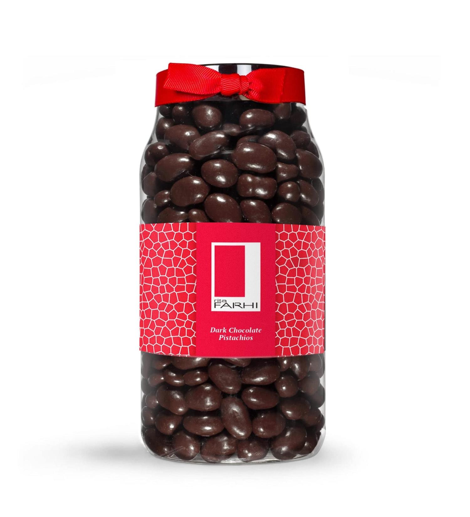 Rita Farhi Dark Chocolate Coated Pistachios in a Luxury Gift Jar 780g - New Palm Oil Free Recipe Dark Chocolate Pistachios