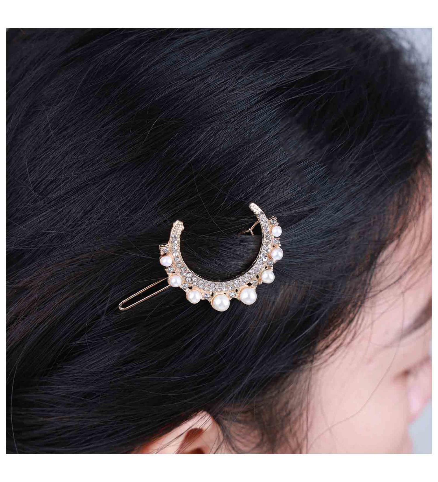 Allereya Crystal Pearl Moon Hair Clip Barrette Rhinestone Pearl Hairpin Barrette Gold CZ Crescent Moon Head Clip Headpieces Meniscus Pearl Hair Accessories for Women Girls (Gold) - Buy Online on GoSupps.com