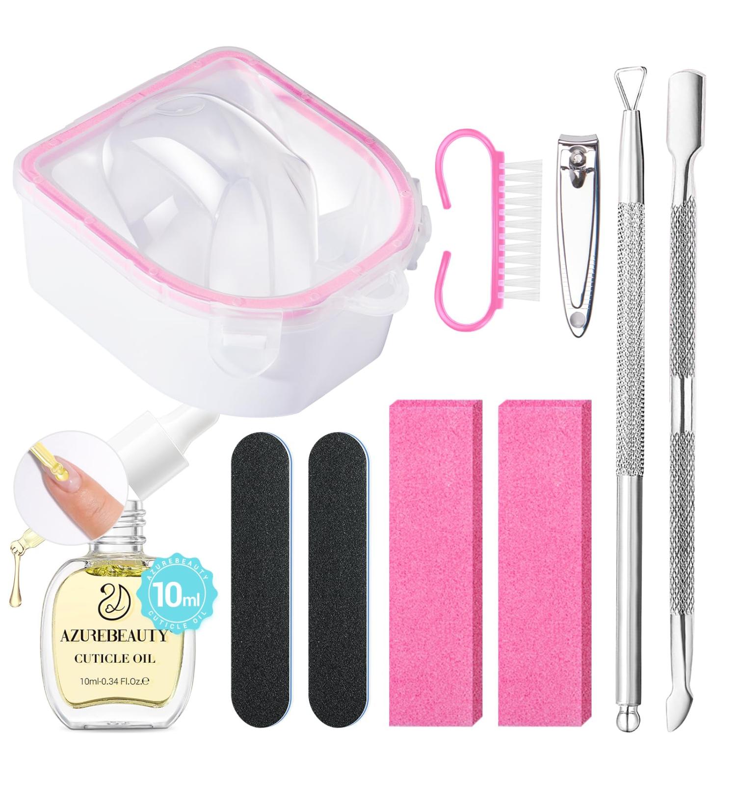 AZUREBEAUTY Nail Soaking Bowl Soak Off Dip Powder Gel Polish Remover Manicure Bowl for Hand with 15ml Cuticle Oil Cuticle Remover Tools Nail Brush Cuticle Pusher Cuticle Peeler Nail File Buffer - Buy Online on GoSupps.com
