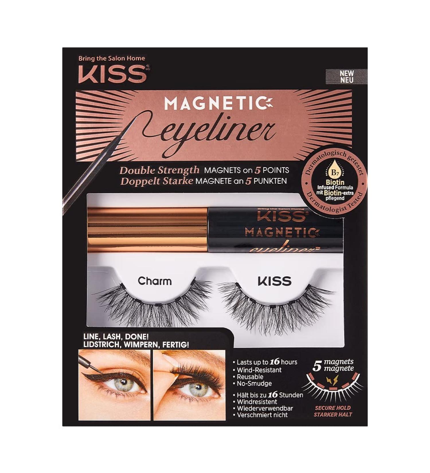 KISS Magnetic Eyeliner & Lash Kit - Charm | Biotin Infused, Smudge Proof, 5 Magnets, Precision Tip Brush | Synthetic False Eyelashes - Buy Online on GoSupps.com