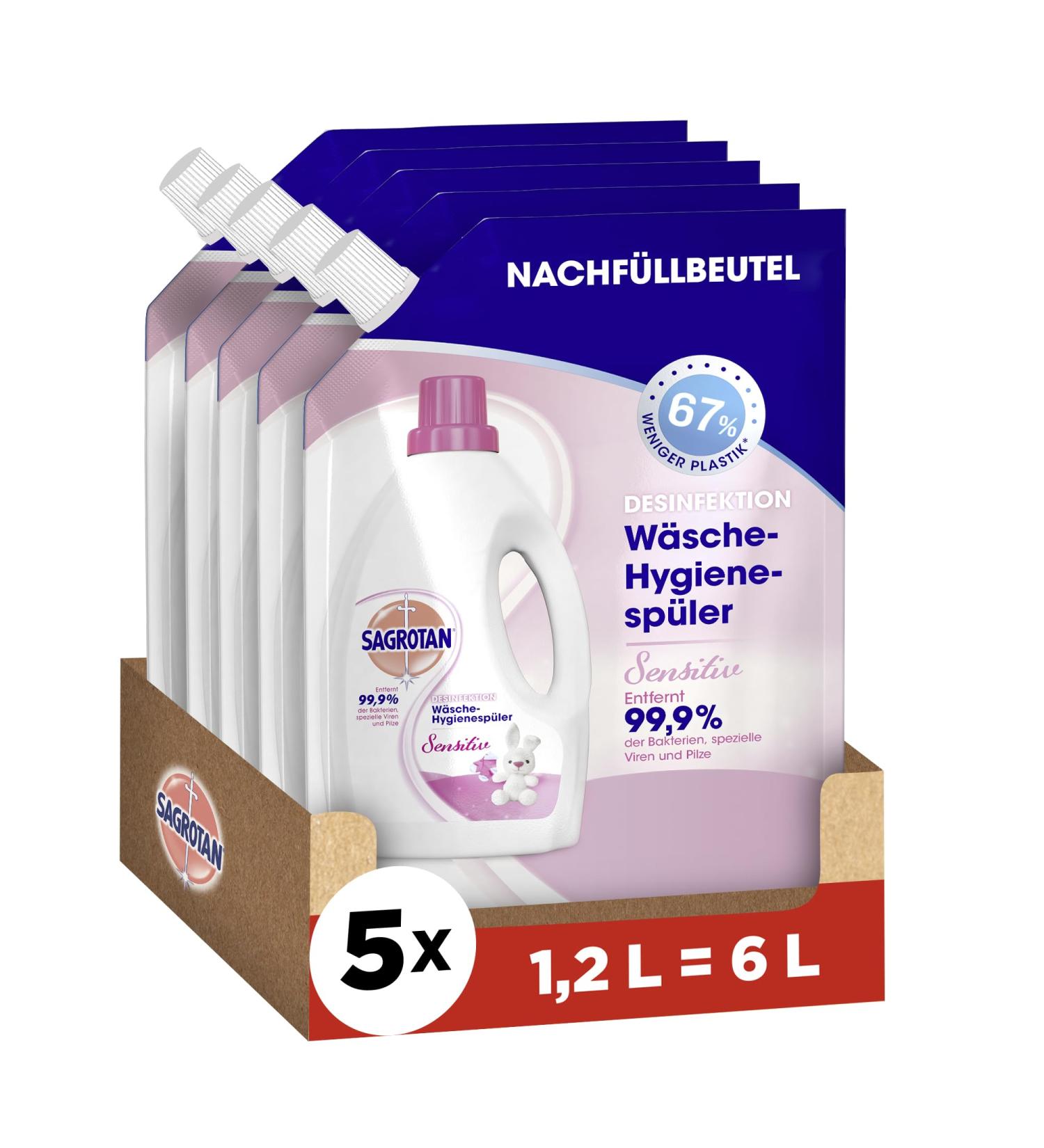 Sagrotan Laundry Hygiene Pupils Sensitive Refill - 5 x 1.2L Disinfectant for Fresh Hygienically Clean Laundry - Practical Benefit Pack - Buy Online on GoSupps.com