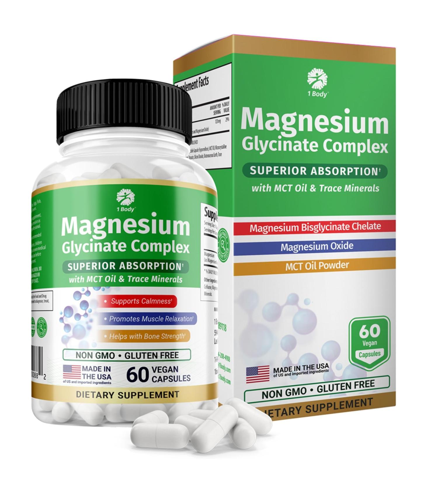 1 Body Magnesium Glycinate Complex High Absorption Magnesium Supplement for Calm Muscle Relaxation & Bone Health Support Vegan with MCT Oil & Trace Minerals Non-GMO 60 Capsules - Buy Online on GoSupps.com