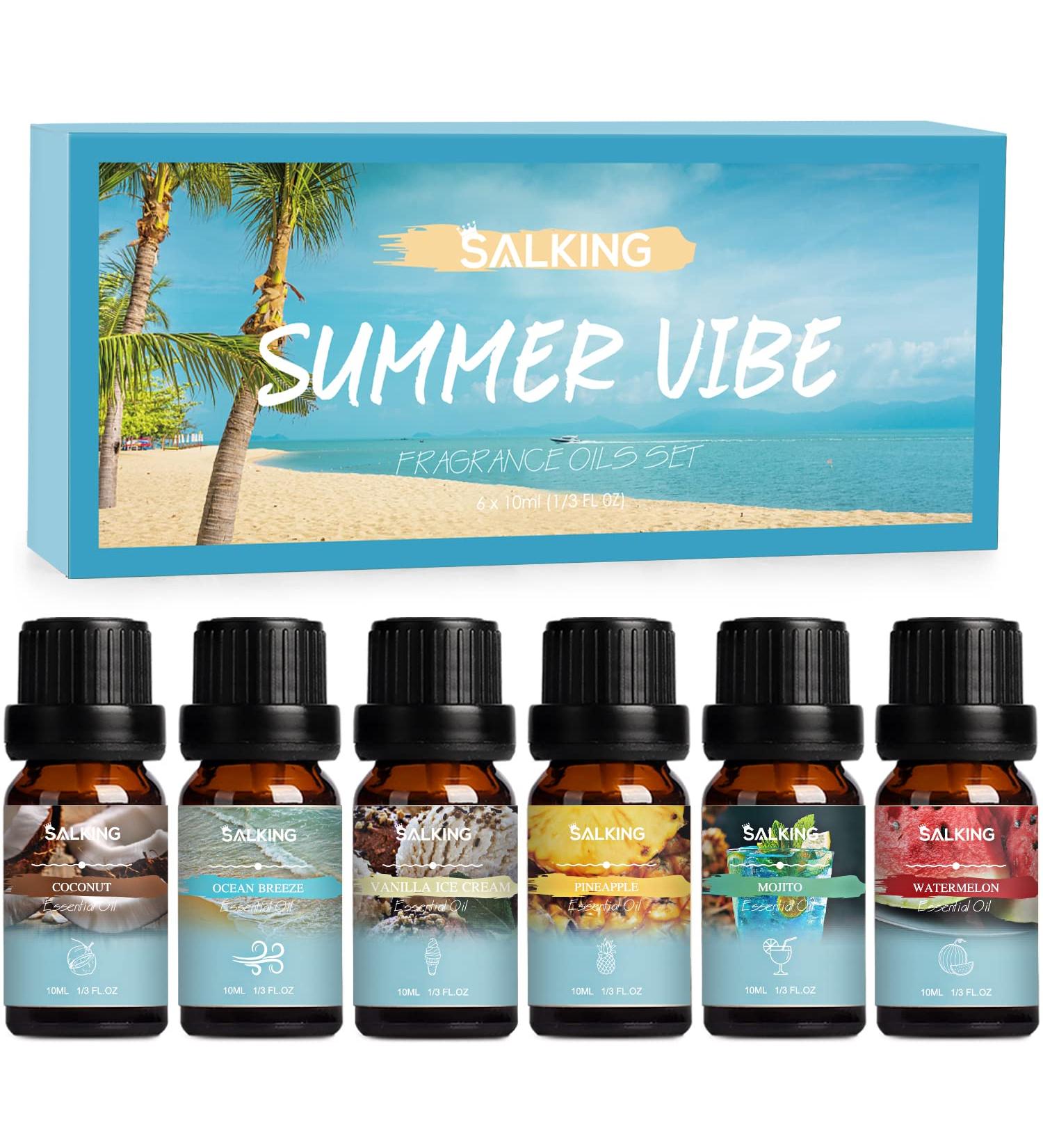Salking Summer Essential Oils Set - 6x10ml 100% Pure Aromatherapy Fragrance Oils for Diffuser Humidifier & Massage - Coconut Pineapple Watermelon Marine Brizz Mojito Vanilla Ice Cream - Buy Online on GoSupps.com