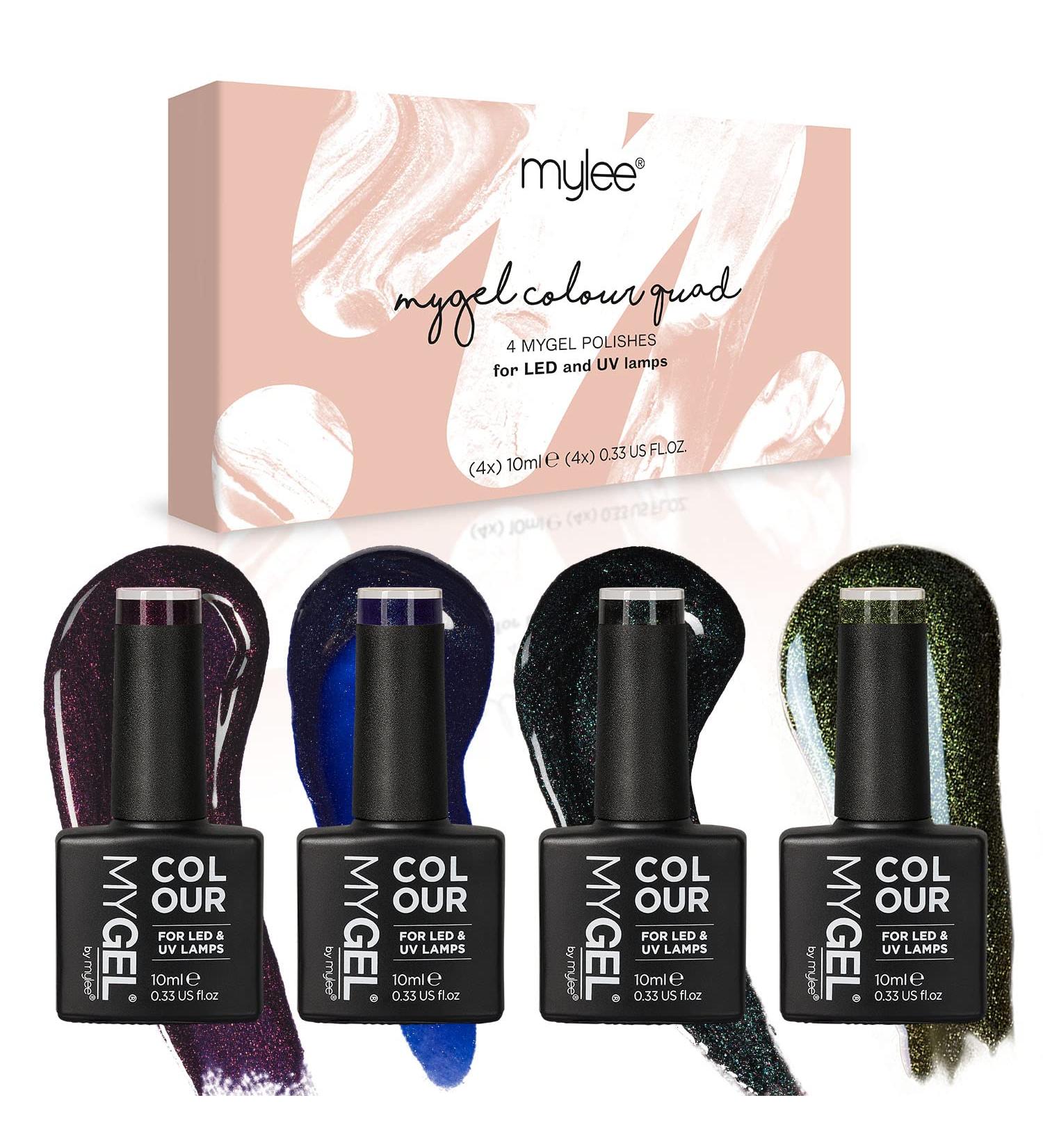 Mylee Gel Nail Polish Quad Colour Set 4x10ml - Galaxy UV/LED Soak-Off Nail Art - Professional Salon & Home Use - Long Lasting & Easy Application - Blue Sky Navy Gold Green Pink Black Purple - Buy Online on GoSupps.com