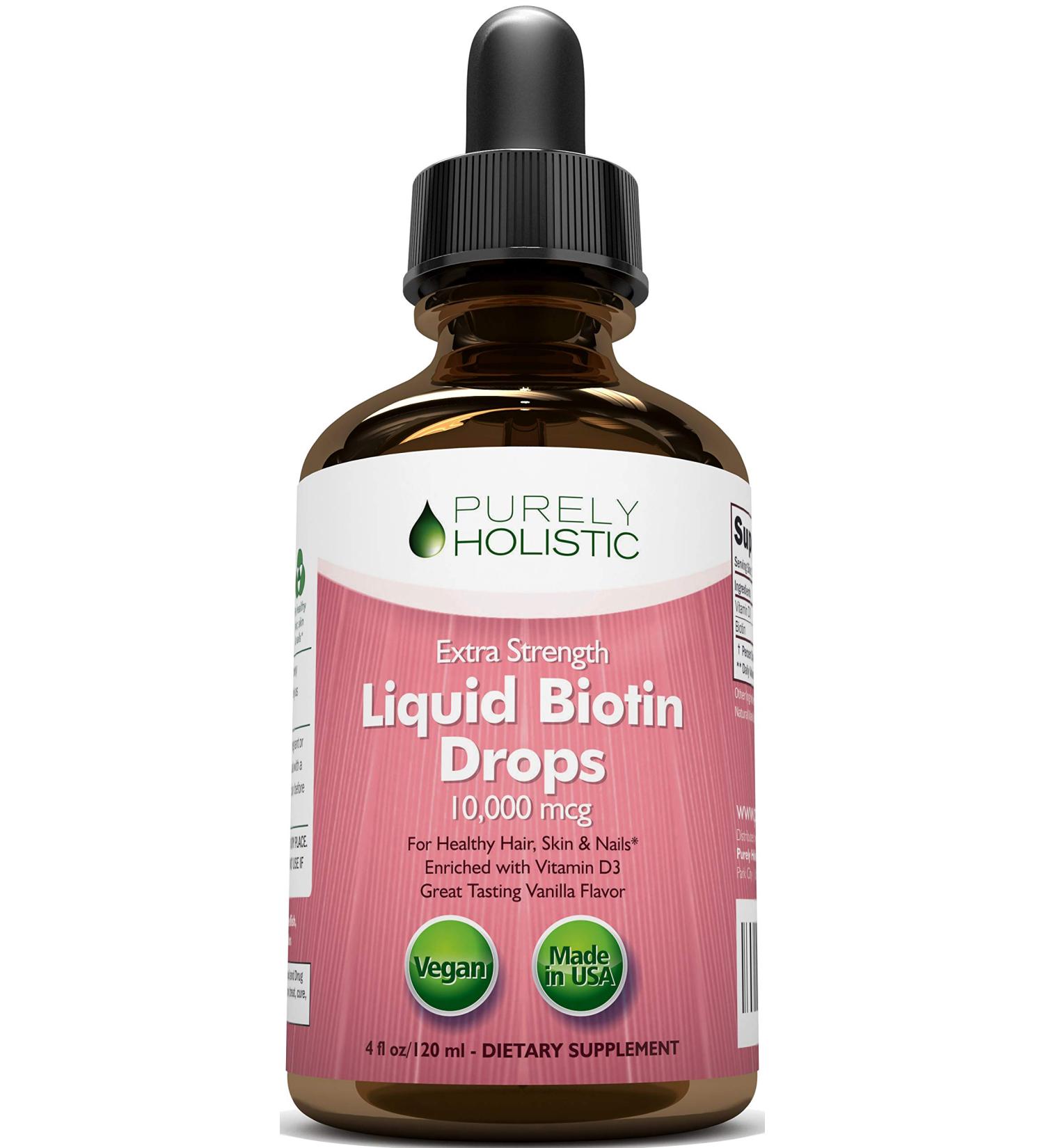 Purely Holistic Biotin Liquid Drops 10,000mcg - 4oz Bottle (120 Servings) with Vitamin D3 for Strong Nails, Radiant Skin & Hair Growth | 4 Month Supply - Buy Online on GoSupps.com