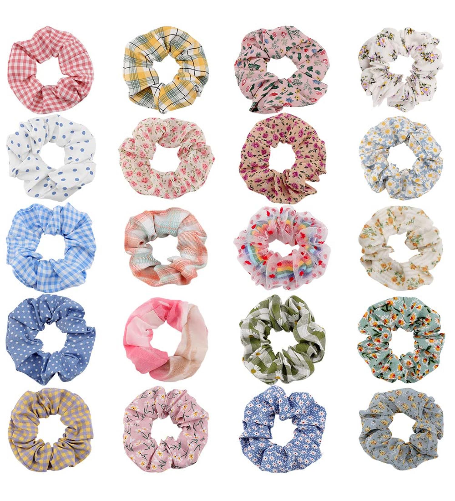 20Pcs AOPRIE Hair Scrunchies Set for Women and Girls - Elegant Stain & Chiffon Hair Accessories in Flower Pink, Blue, White Colors - Buy Online on GoSupps.com