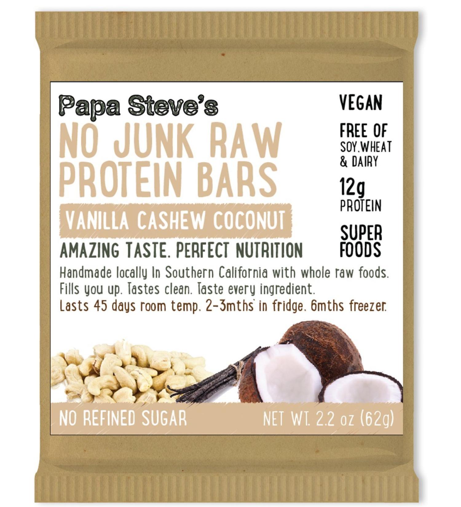 Papa Steve's No Junk Raw Protein Bars- Vanilla Cashew Coconut 2.2 Oz 10 Count - Buy Online on GoSupps.com