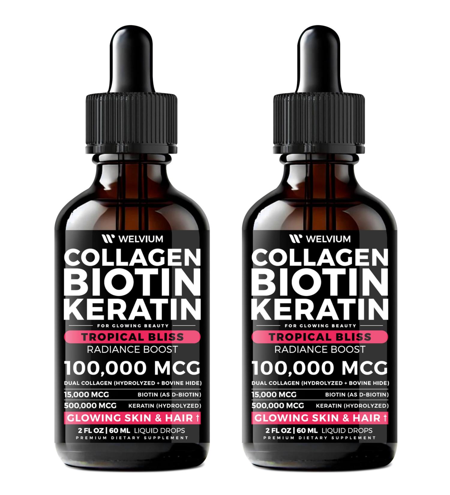 WELVIUM Liquid Biotin and Collagen Peptide Complex with Keratin Hyaluronic Acid MCT Oil Zinc Vitamins B6 B7 B12 A C D3 E - Hair Skin and Stronger Nails Supplement - 2 Pack - Buy Online on GoSupps.com