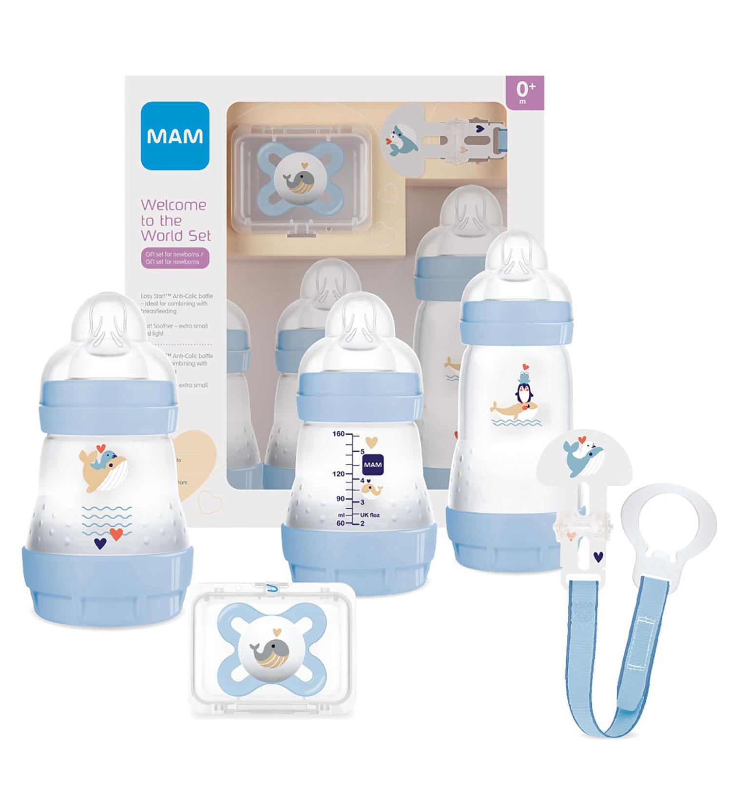 Buy Mam Welcome to the World G101-3 Baby Bottle Set | Easy Start Anti-Colic 1 Pacifier & 1 Clip | Blue Spanish Version - 5-Piece Set - International Shipping Available - Buy Online on GoSupps.com