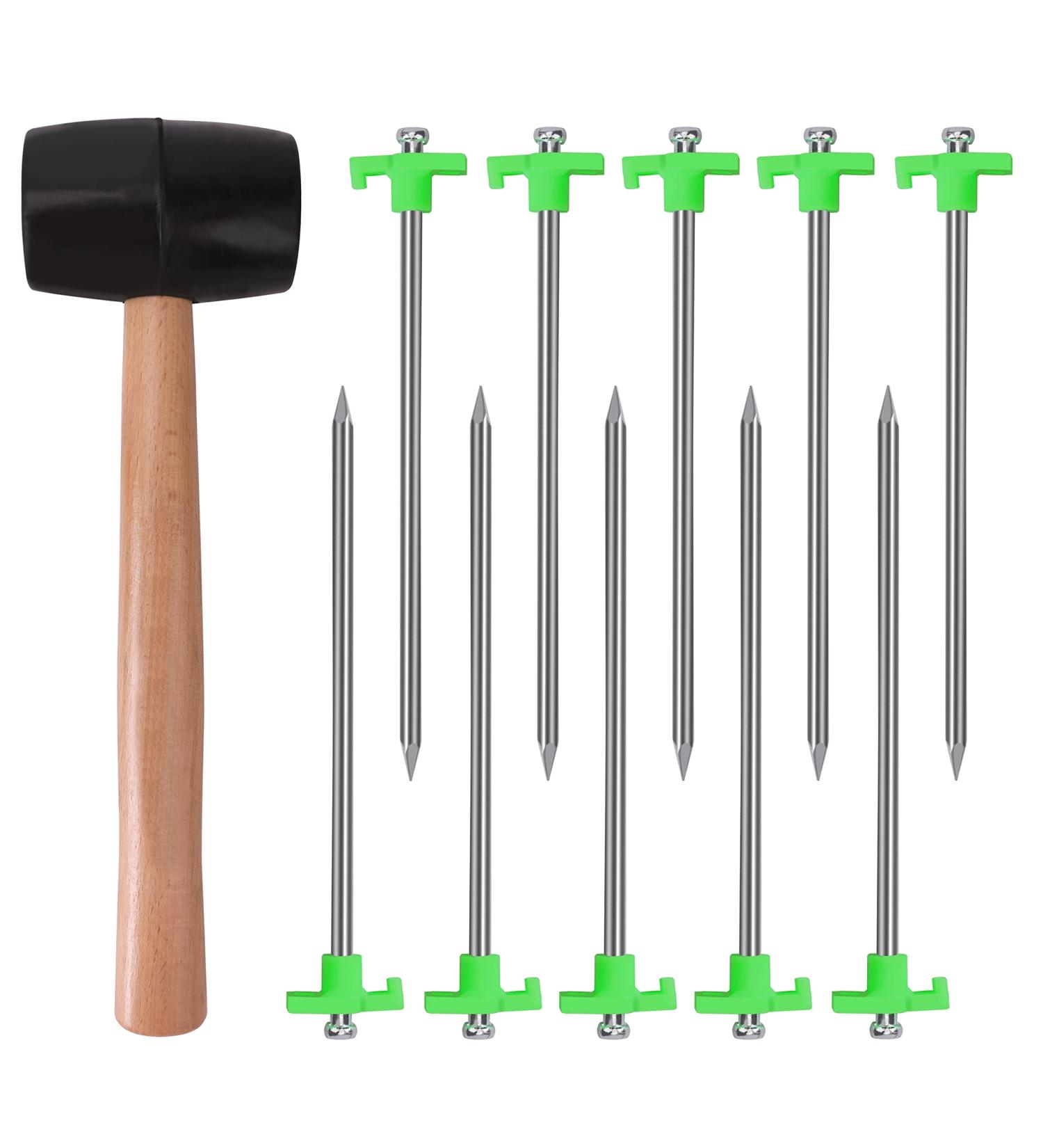 10pc Galvanized Metal Tent Stakes with Wooden Handle Rubber Mallet - Heavy Duty Camping Accessories - Buy Online on GoSupps.com