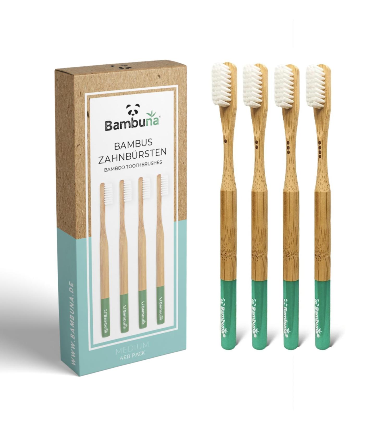 Bambuna Bamboo Toothbrush Set - 4 Medium Soft Plastic-Free Eco-Friendly - Made in Germany - Buy Online on GoSupps.com