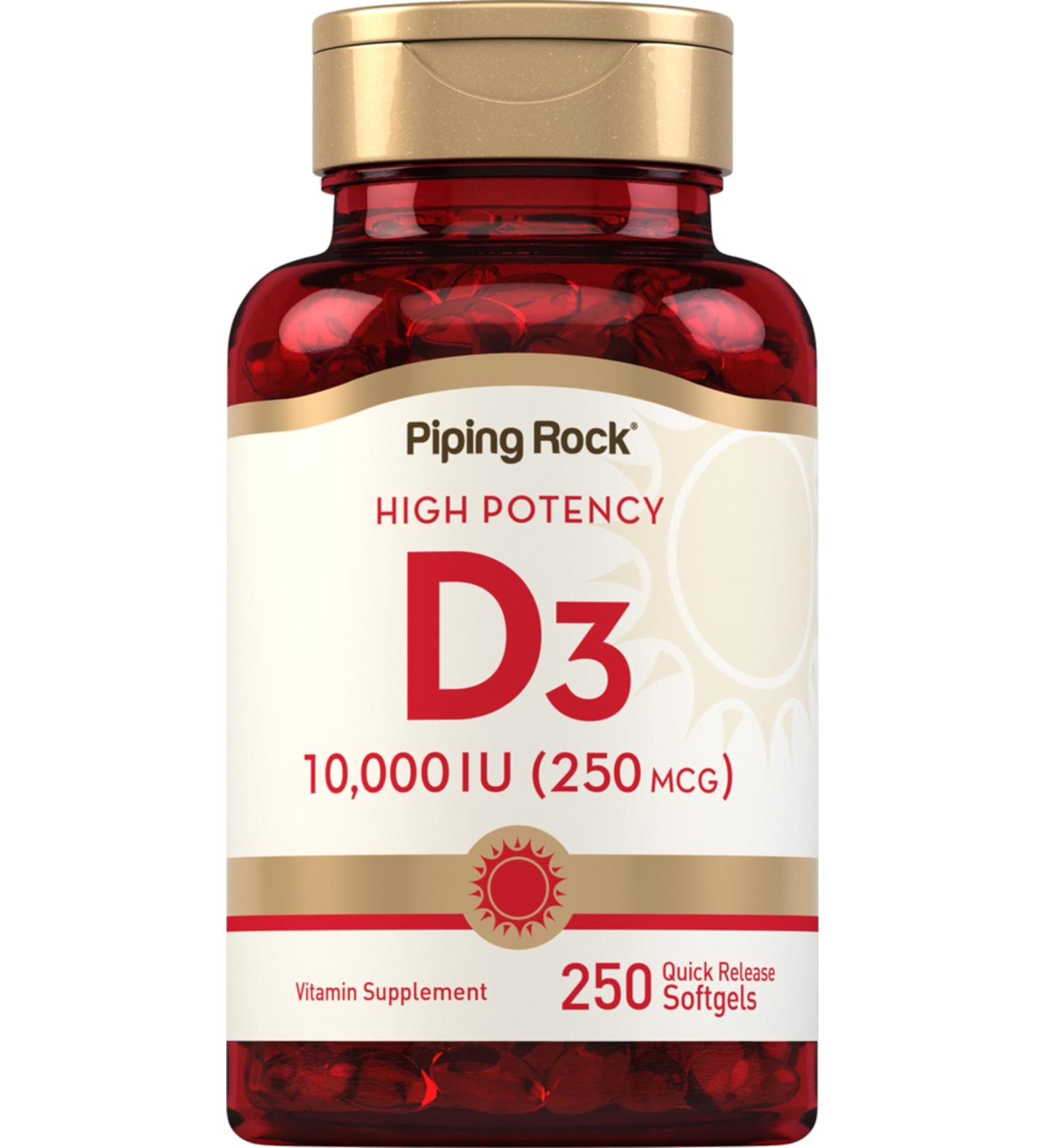 Piping Rock Vitamin D3 10000 IU | 250 mcg | 250 Softgels | High Potency | Non-GMO & Gluten Free Supplement - Buy Online on GoSupps.com