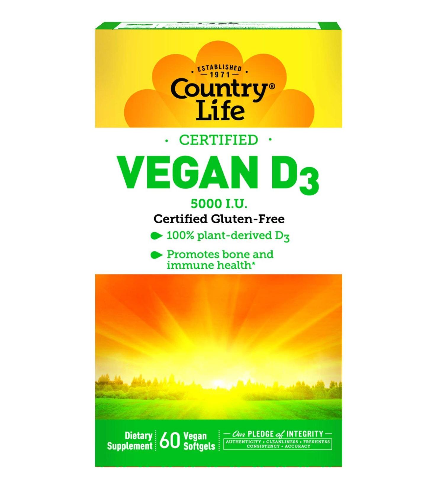Country Life Vegan D3 125 mcg (5000 IU) - 60 Softgels | Certified Vegan Vitamin D - Buy Online on GoSupps.com