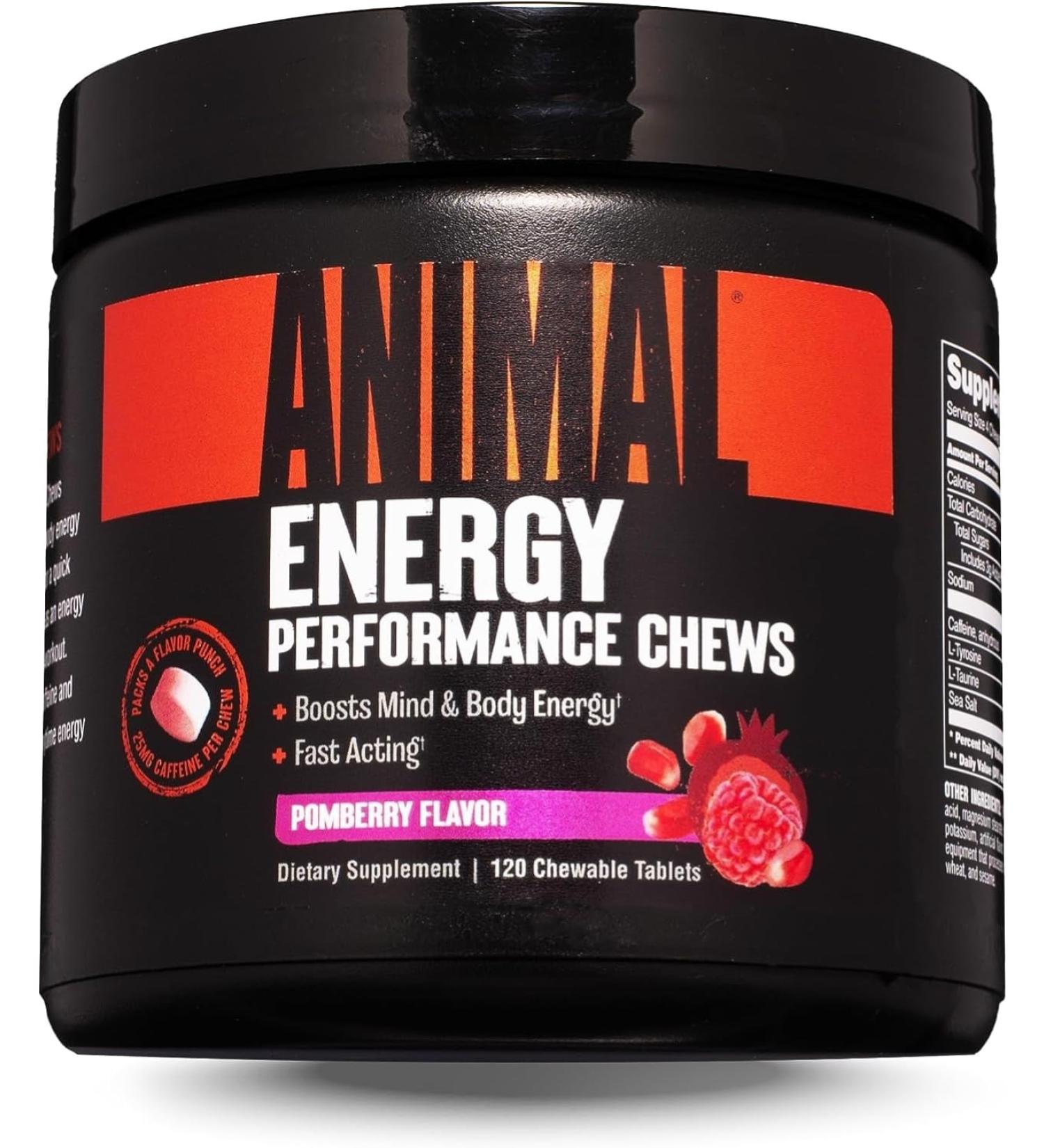 Universal Nutrition Animal Energy Chews (Pomberry) | Fast Energy & Focus with Caffeine Tyrosine & Taurine | Pre-Workout Booster | 120 Tablets - Buy Online on GoSupps.com
