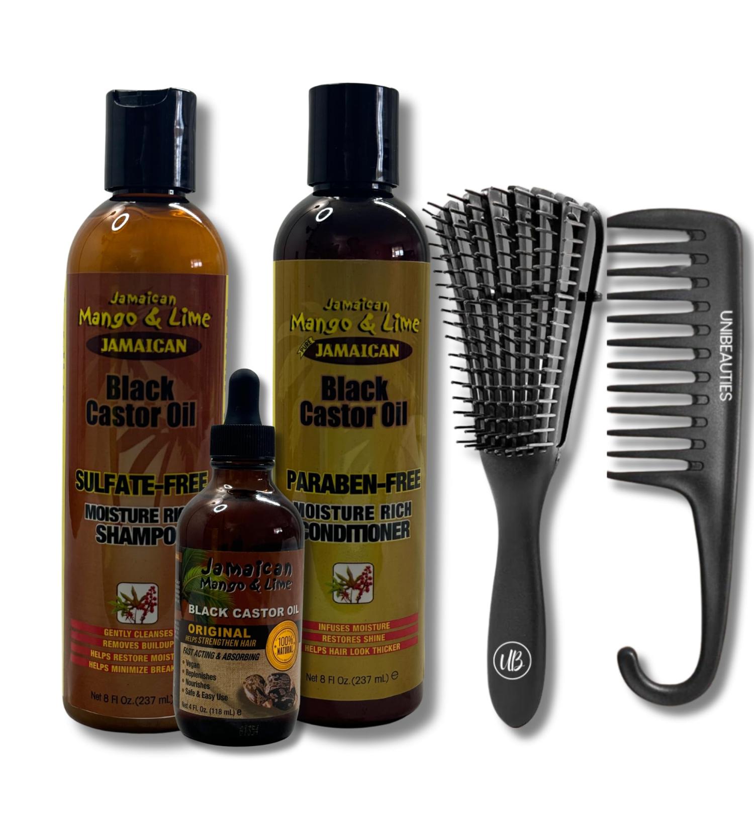 Shampoo and Conditioner Set Bundle-5 Items with Jamaican Mango & Lime Black Castor Oil Sulfate Free Shampoo 8oz Paraben Free Conditioner 8oz and Original Black Castor Oil 4oz Unibeauties Detangling Brush & Detangling Hanging Shower Comb - Buy Online on GoSupps.com