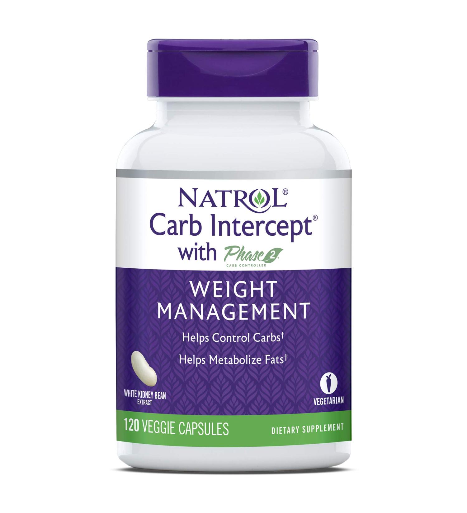 Natrol Carb Intercept with Phase 2 Carb Controller Capsules, White Kidney Bean Extract, Helps Control Carbs, Helps Metabolize Fats, Clinically Tested, Promotes Healthy Body Weight, 1,000mg, 120 Count 120 Count (Pack of 1