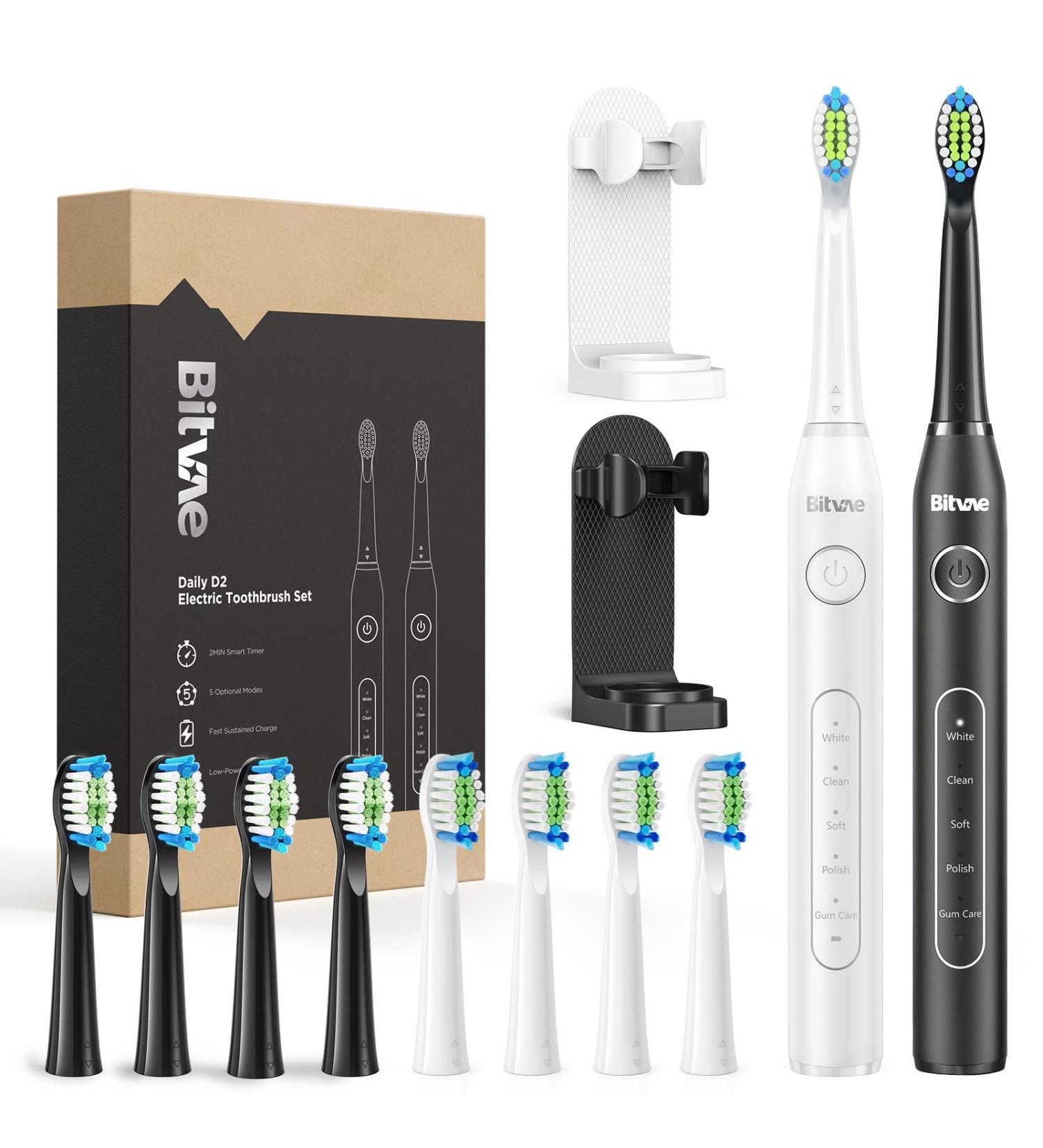 Bitvae Dual Ultrasonic Electric Toothbrush 2-Pack with Holders and 8 Brush Heads - 5 Modes, Rechargeable, Black & White | 30 Days Power for Healthy Teeth - Buy Online on GoSupps.com