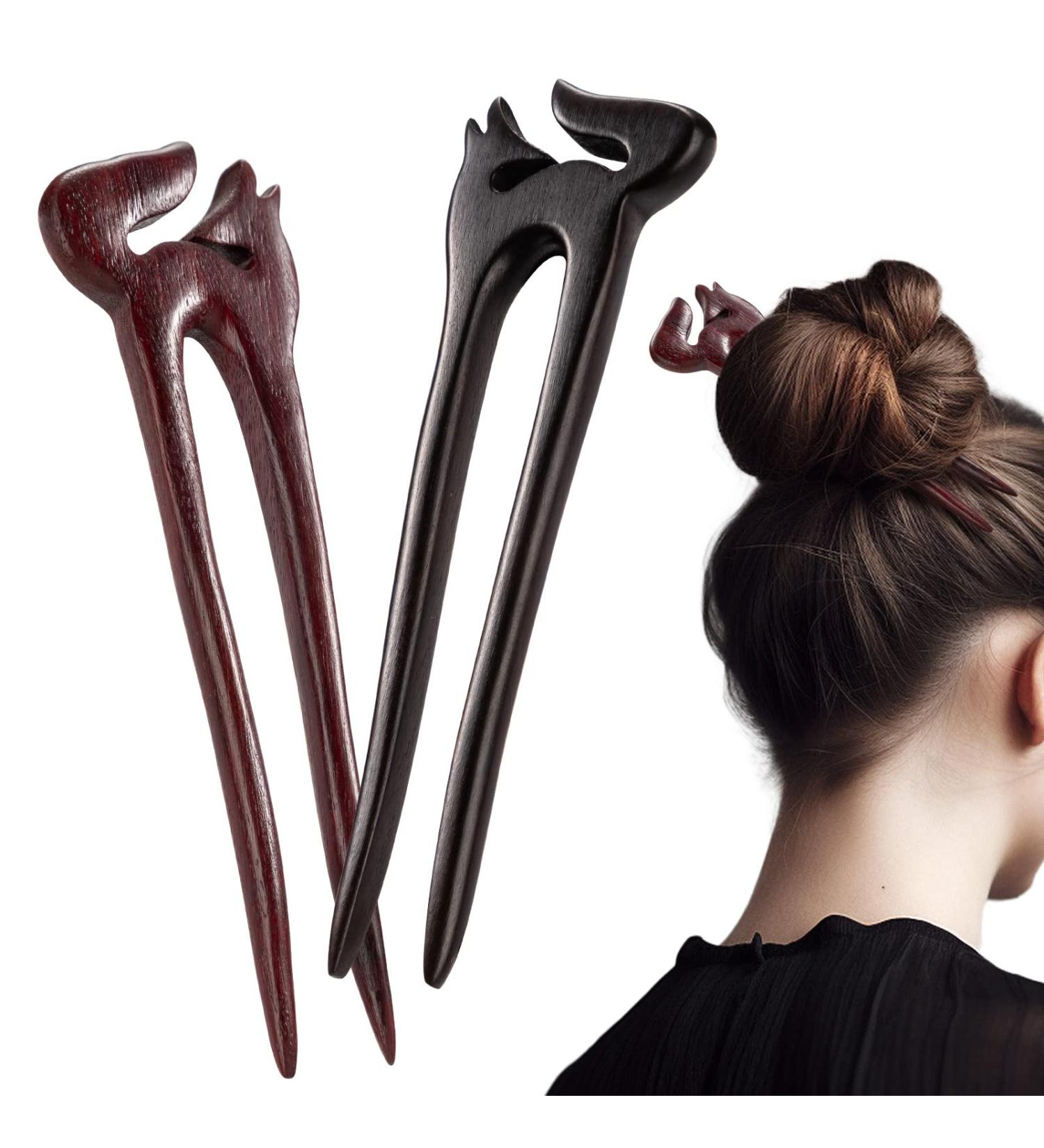 Noverlife 2PCS Natural Sandalwood Hair Sticks with Cute Fox Design - Handmade 2-Prong Wood Hair Pins for Thick & Thin Hair - Buy Online on GoSupps.com