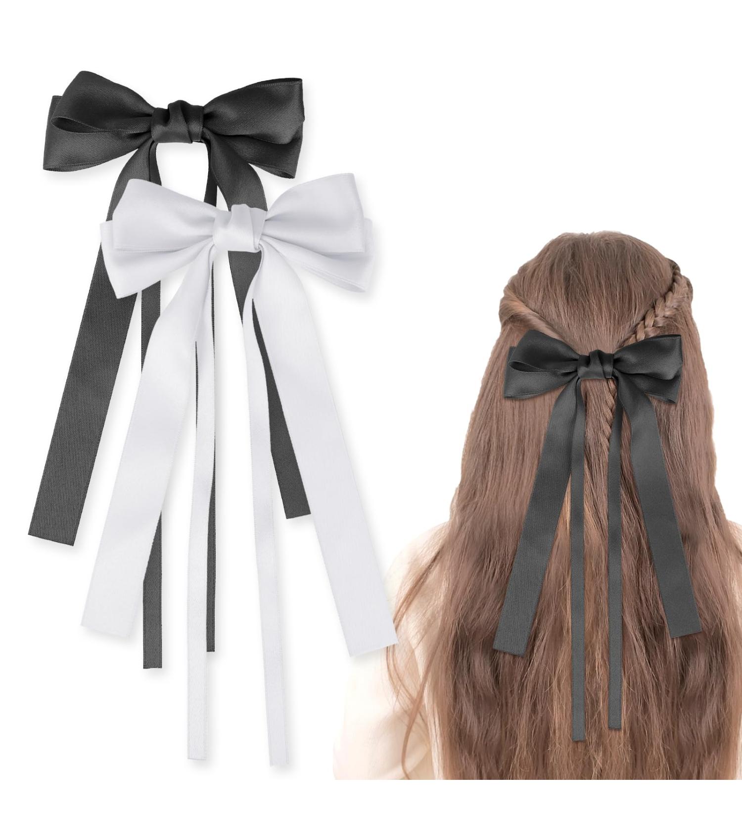 Large Hair Bows 2 Pieces Silky Satin Hair Bows Ribbon Hair Barrettes Clip Satin Ribbon Bow for Women Girls Hair Ribbon Bow Clip French Barrette Long Tail Hair Accessories White Black - Buy Online on GoSupps.com