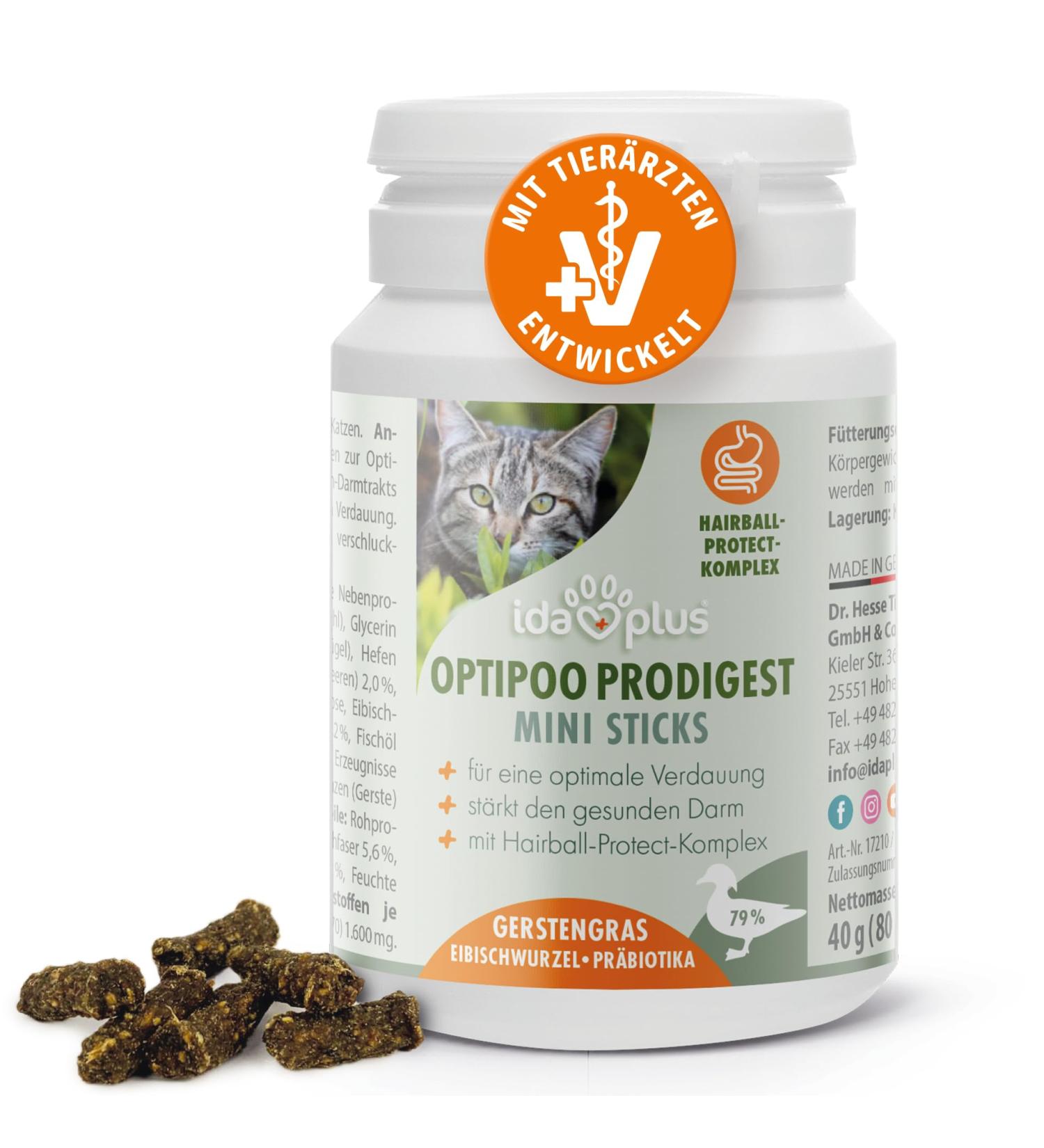 Ida Plus Optipoo Prodigest Mini Sticks for Cats - Anti-Hairball & Intestinal Support - 80 Delicious Snacks for Healthy Cats - Buy Online on GoSupps.com