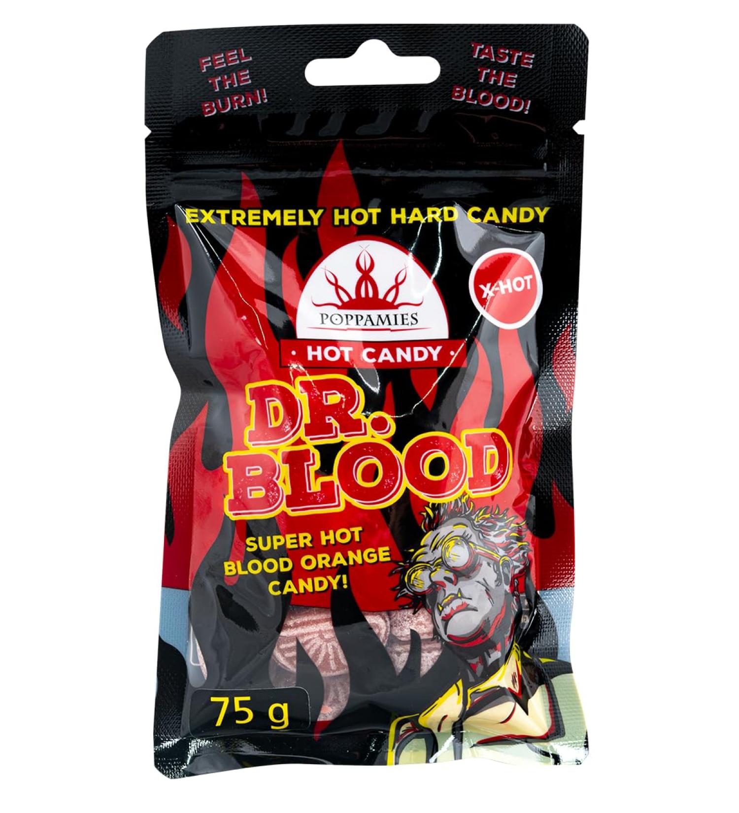 Hot Candy Dr Blood Poppamies Chili Orange Candy Lactose and Gluten Free Vegan Heat Level: X-HOT Size: 75g