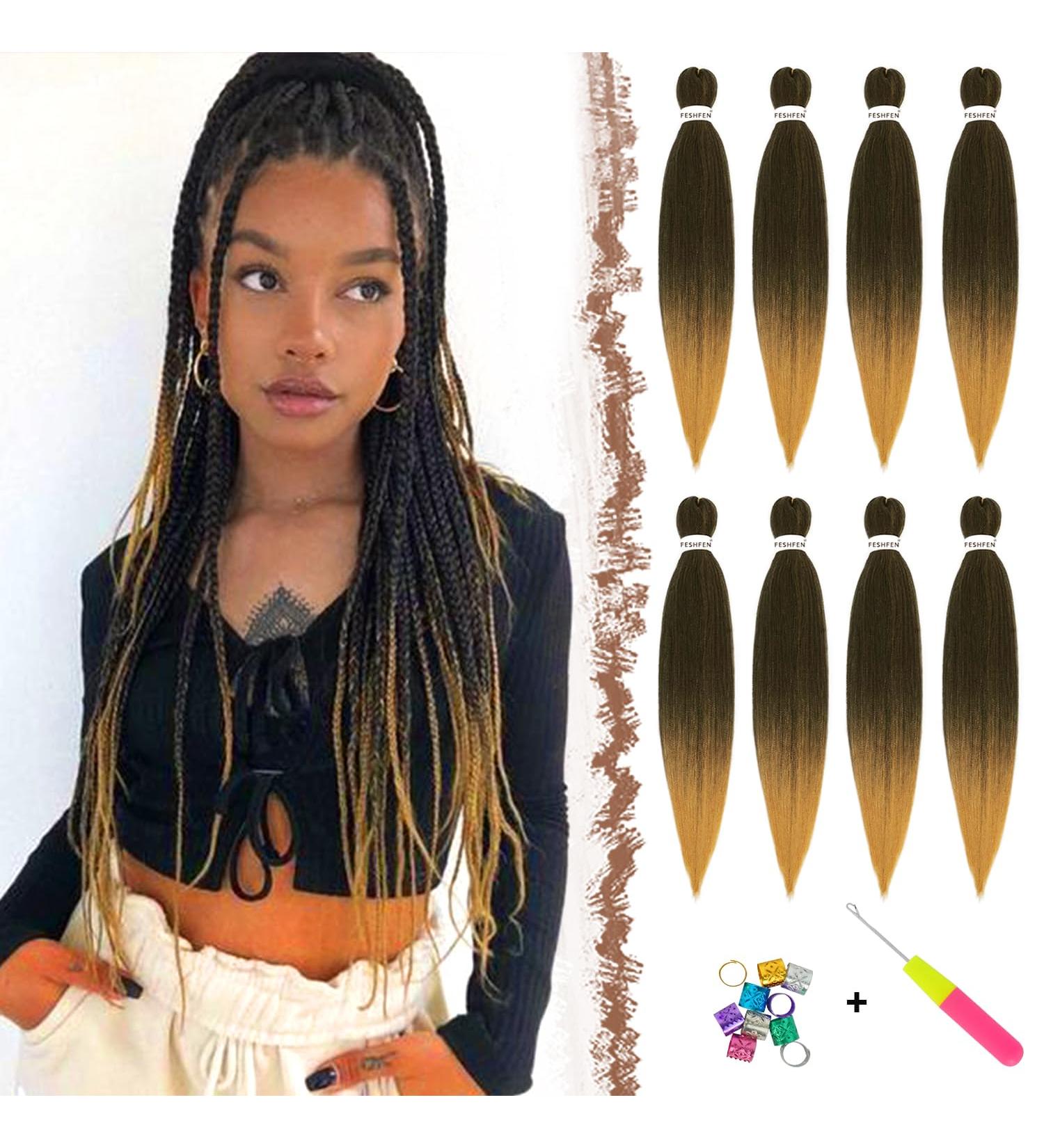 Feshfen Pre-Stretched Ombre Braiding Hair Extensions 65cm - 8 Pack Black to Strawberry Blonde Yaki-Textured Hair for Braids - Buy Online on GoSupps.com